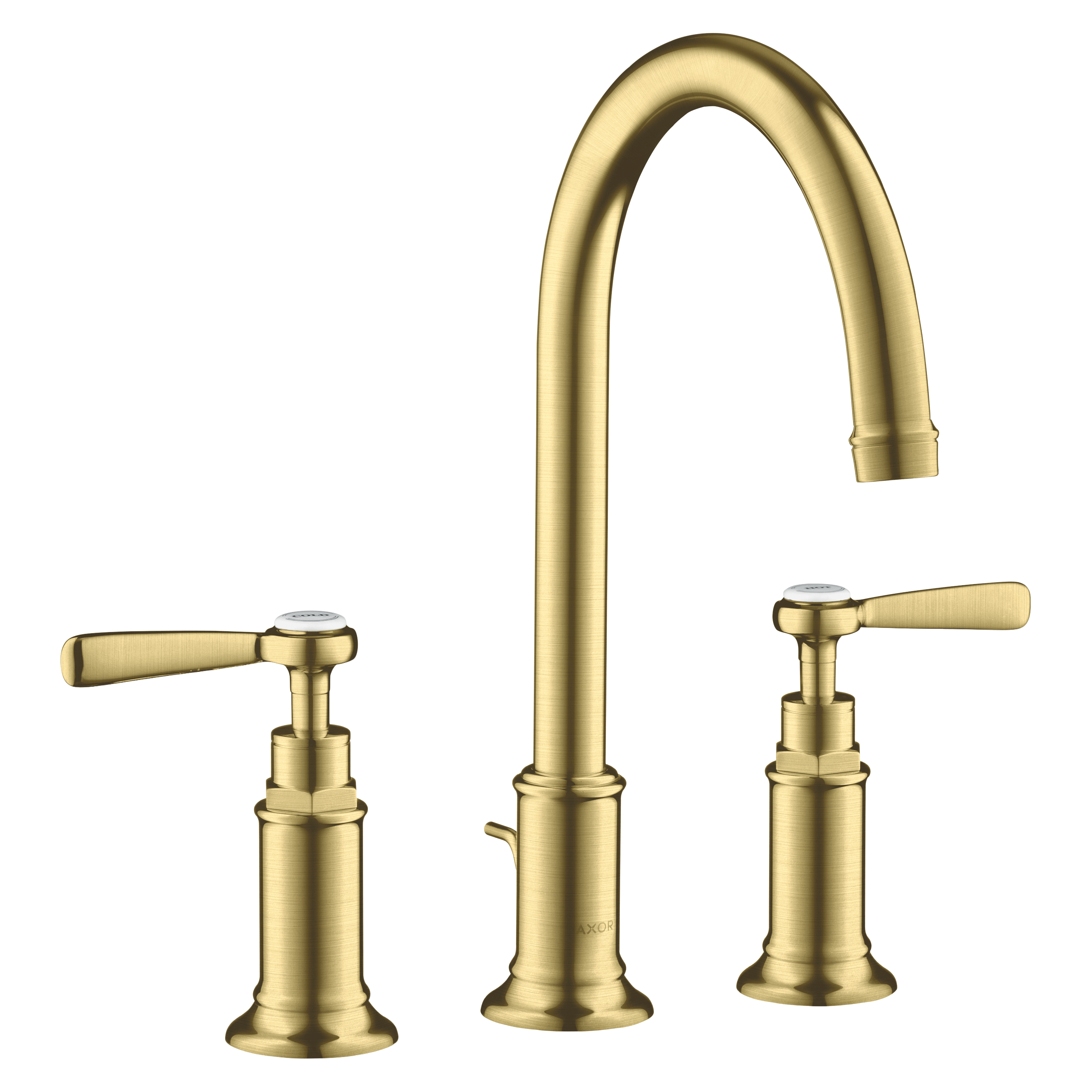 AXOR Montreux 3-Hole Basin Mixer Faucet 180 with Lever Handles, Swivel Spout and Pop-Up Waste Set from Brandt in Brushed Brass finish
