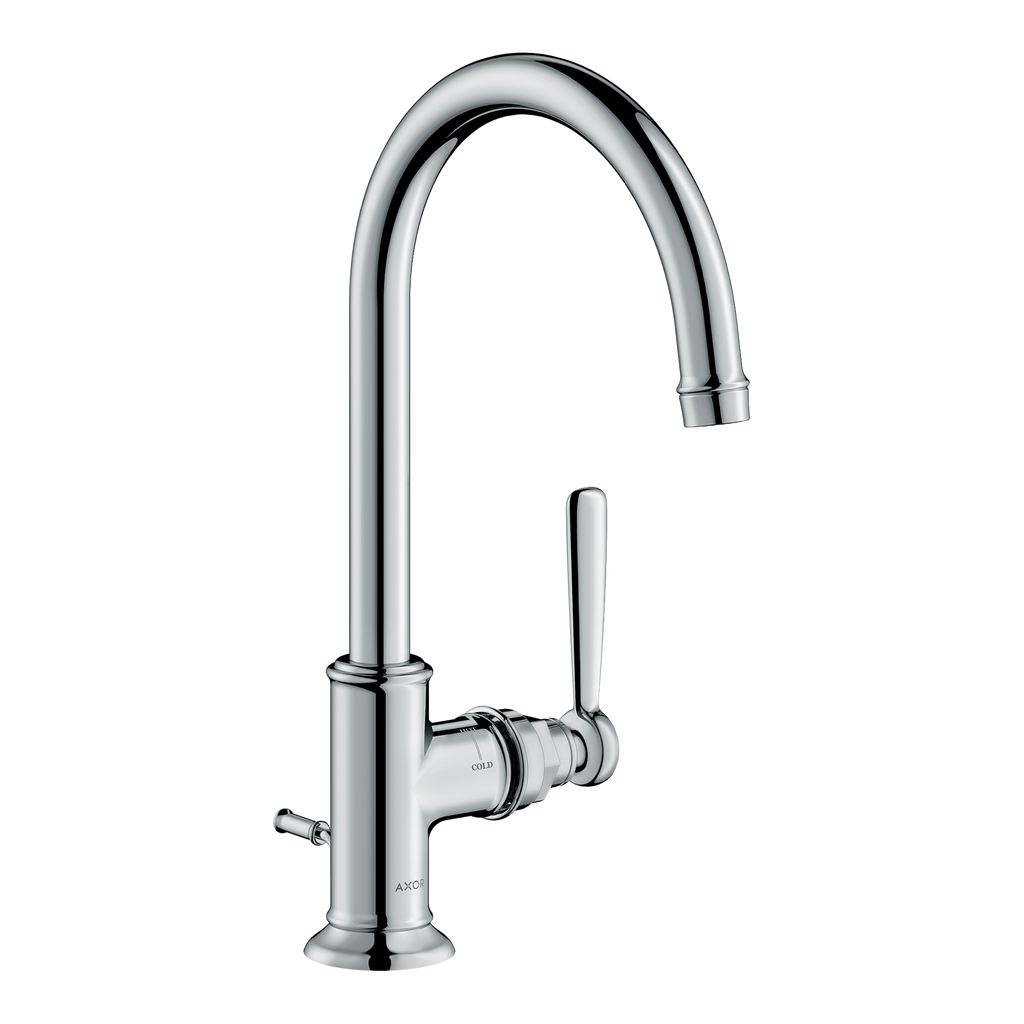 AXOR Montreux Single Lever Handle Basin Mixer Faucet 210 with Swivel Spout and Pop-Up Waste Set from Brandt in Chrome finish