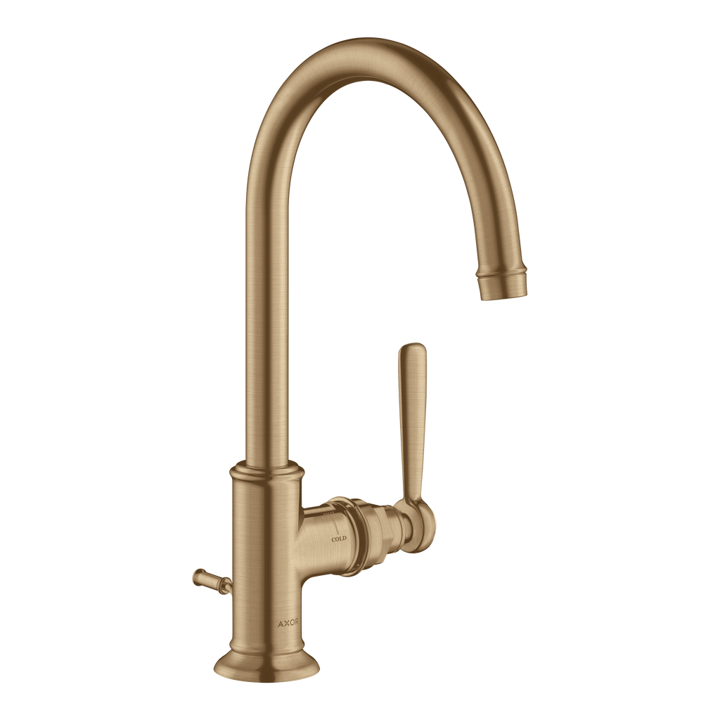 AXOR Montreux Single Lever Handle Basin Mixer Faucet 210 with Swivel Spout and Pop-Up Waste Set from Brandt in Brushed Bronze finish