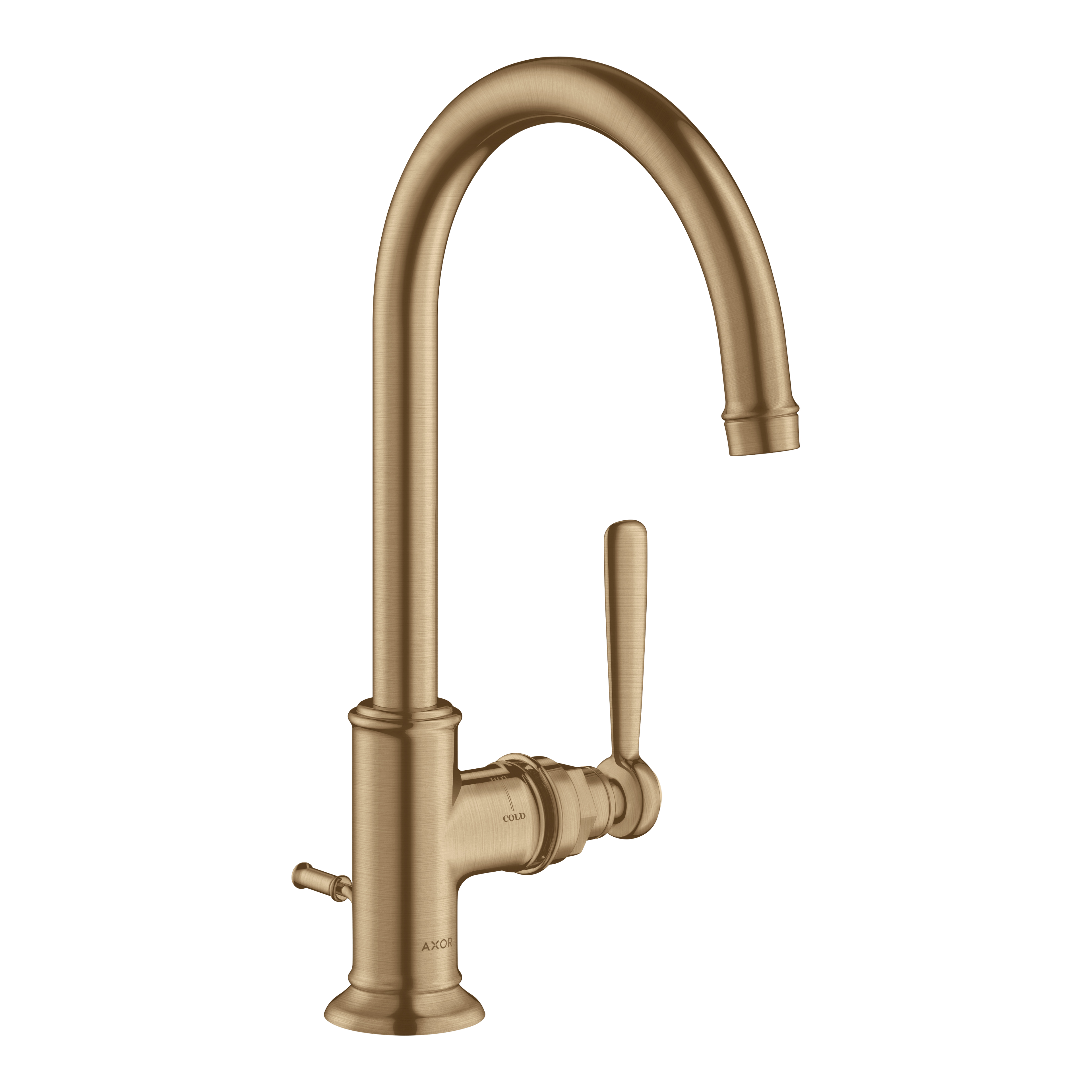AXOR Montreux Single Lever Handle Basin Mixer Faucet 210 with Swivel Spout and Pop-Up Waste Set from Brandt in Brushed Bronze finish