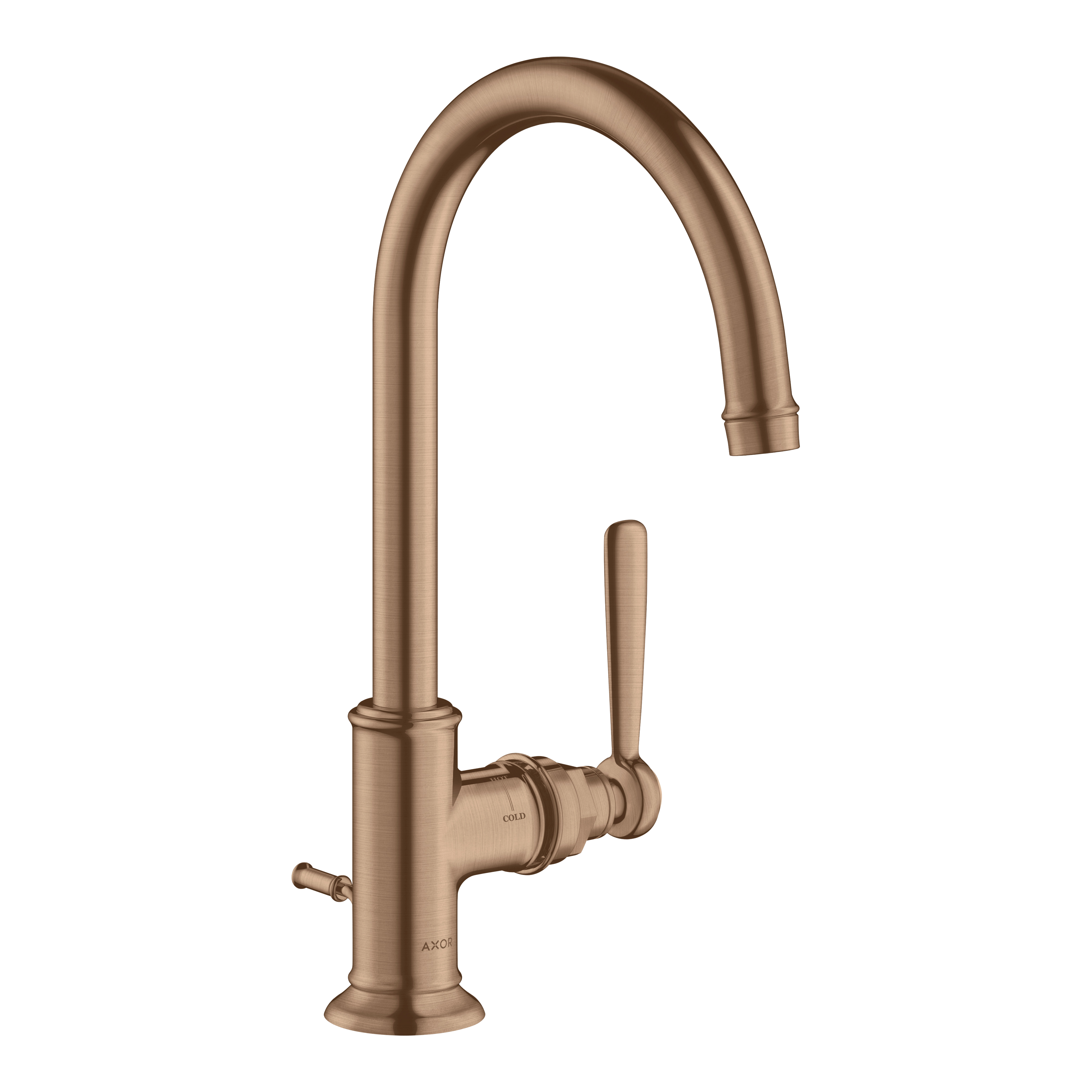 AXOR Montreux Single Lever Handle Basin Mixer Faucet 210 with Swivel Spout and Pop-Up Waste Set from Brandt in Brushed Red Gold finish