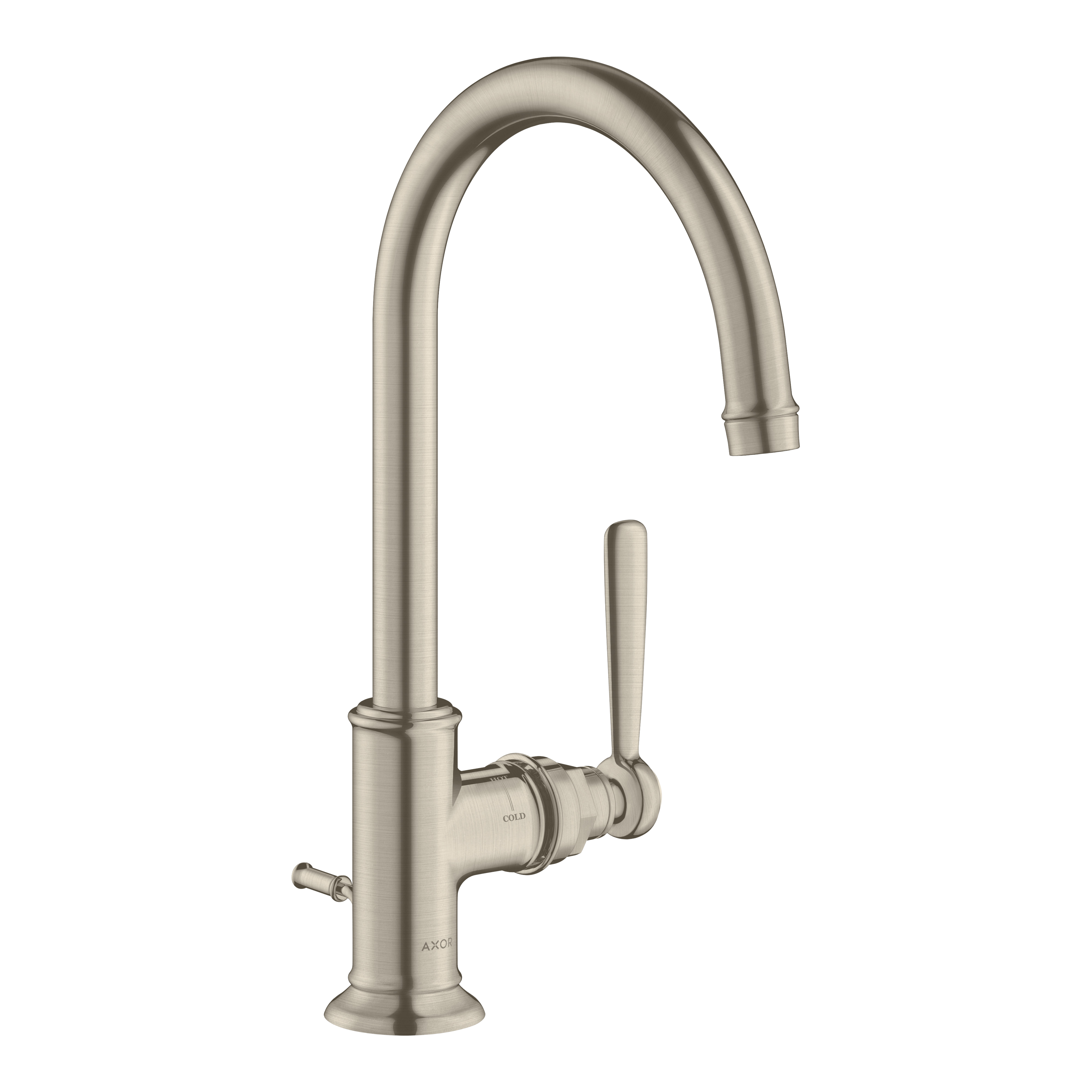 AXOR Montreux Single Lever Handle Basin Mixer Faucet 210 with Swivel Spout and Pop-Up Waste Set from Brandt in Brushed Nickel finish