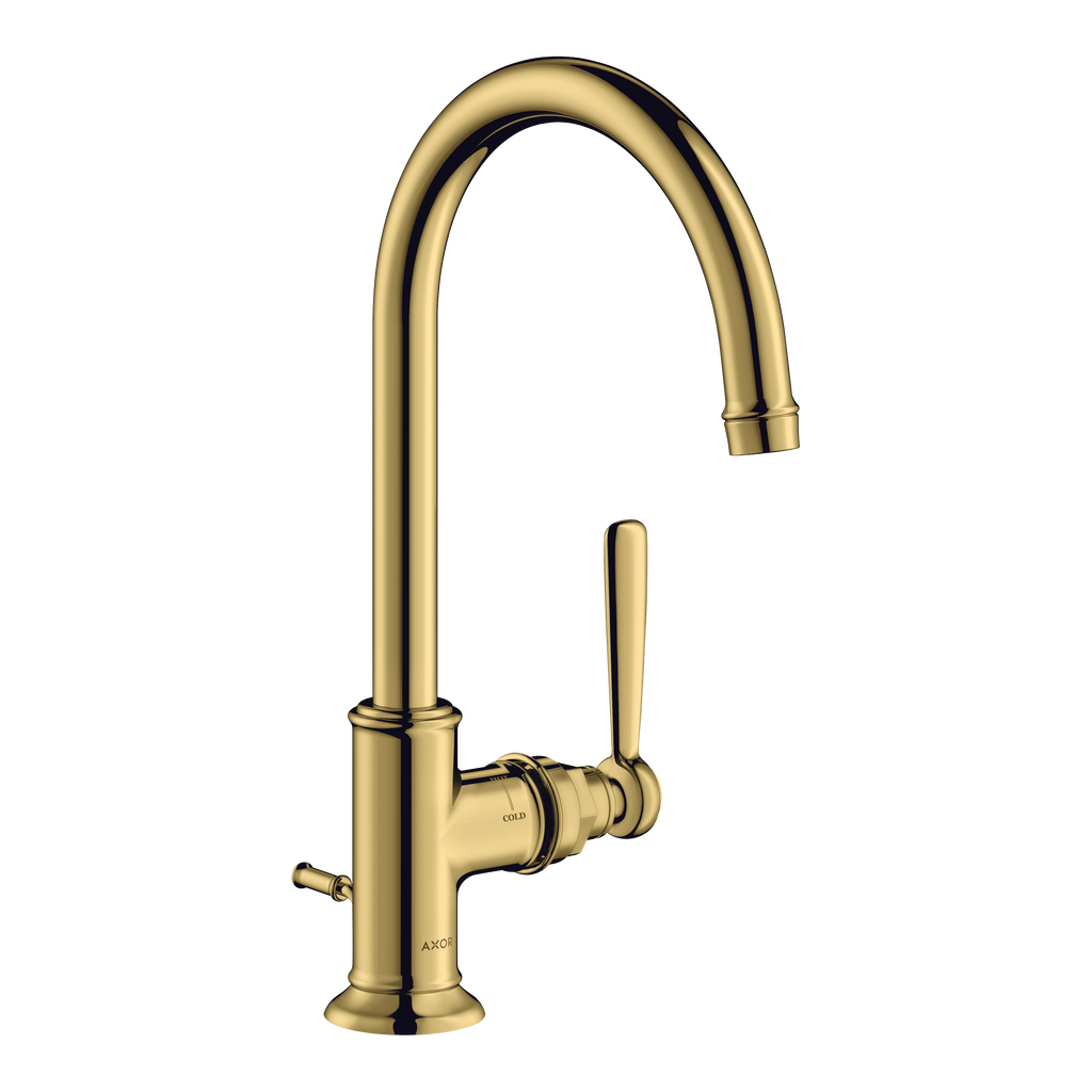 AXOR Montreux Single Lever Handle Basin Mixer Faucet 210 with Swivel Spout and Pop-Up Waste Set from Brandt in Polished Gold Optic finish