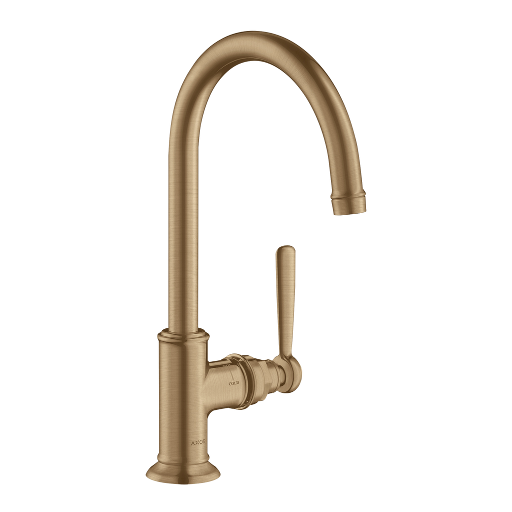 AXOR Montreux Single Lever Handle Basin Mixer Faucet 210 with Swivel Spout and Open Waste Set from Brandt in Brushed Bronze finish