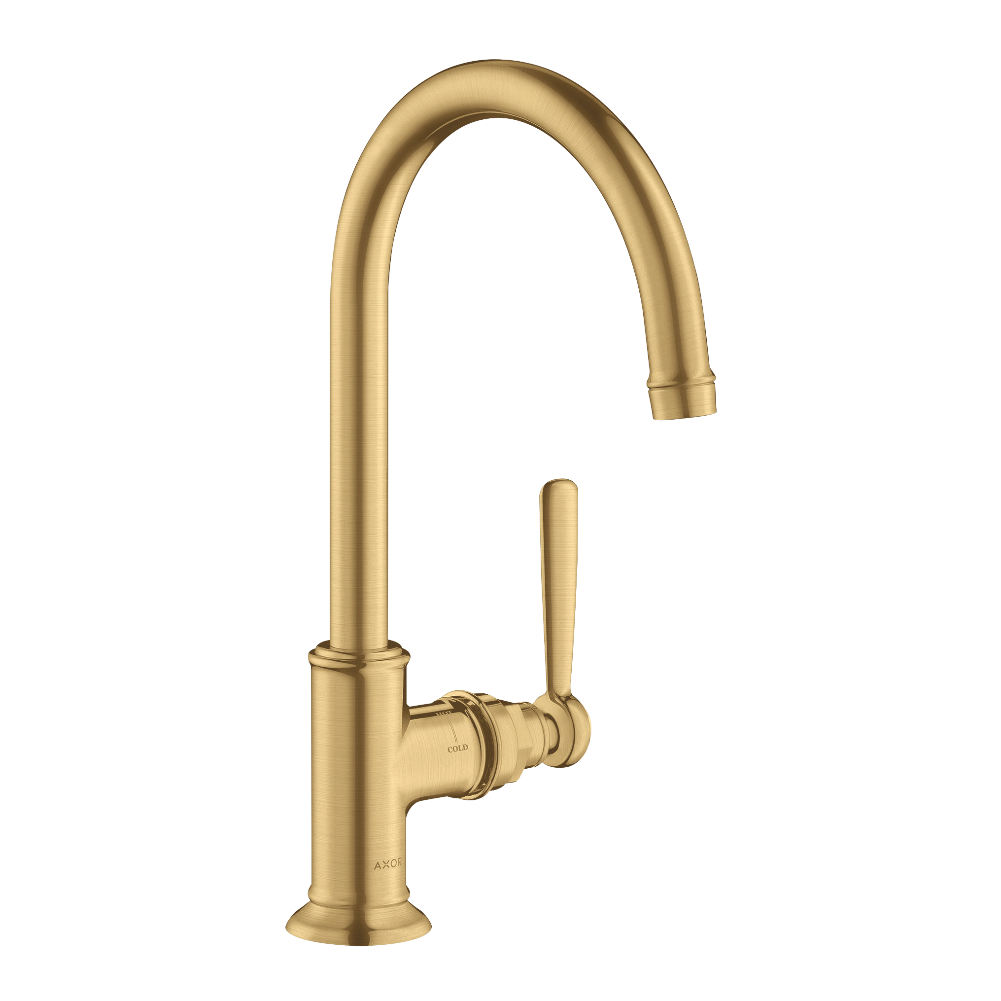 AXOR Montreux Single Lever Handle Basin Mixer Faucet 210 with Swivel Spout and Open Waste Set from Brandt in Brushed Gold Optic finish