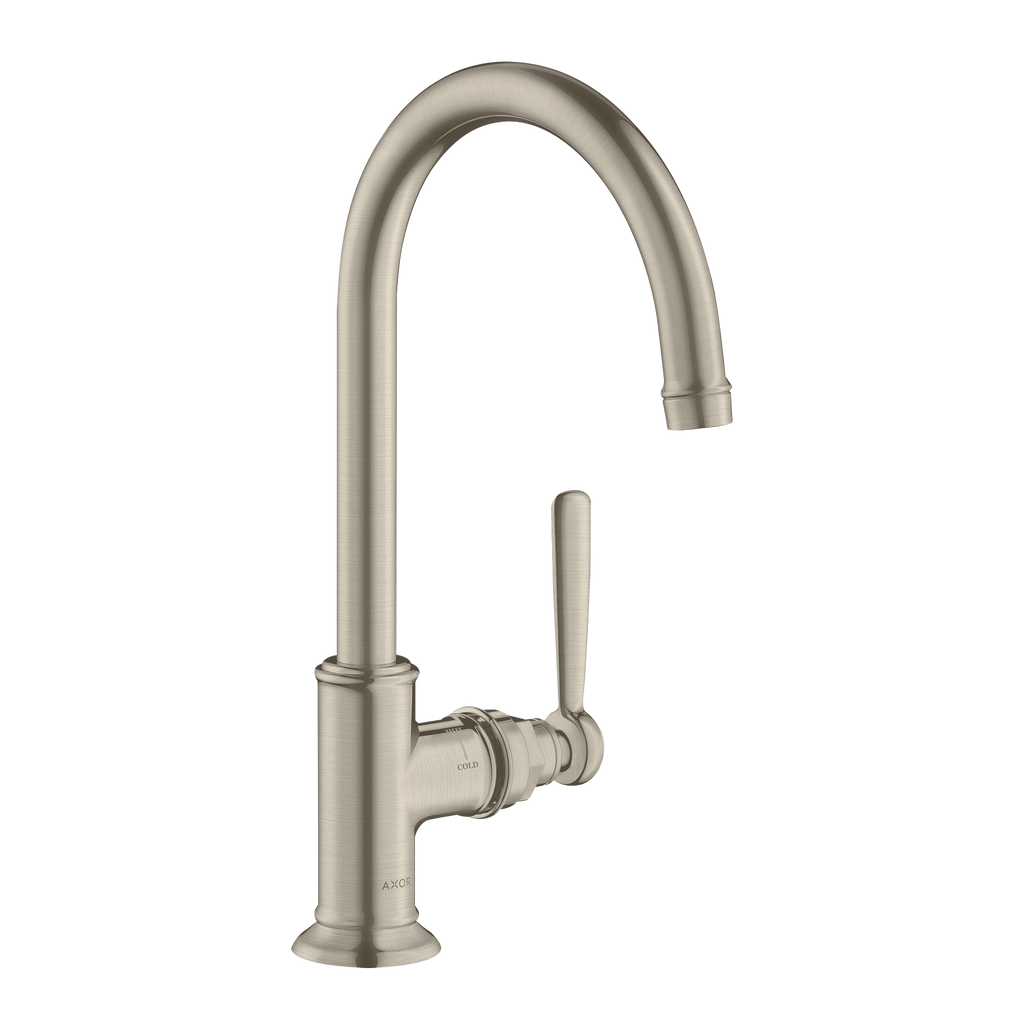 AXOR Montreux Single Lever Handle Basin Mixer Faucet 210 with Swivel Spout and Open Waste Set from Brandt in Brushed Nickel finish