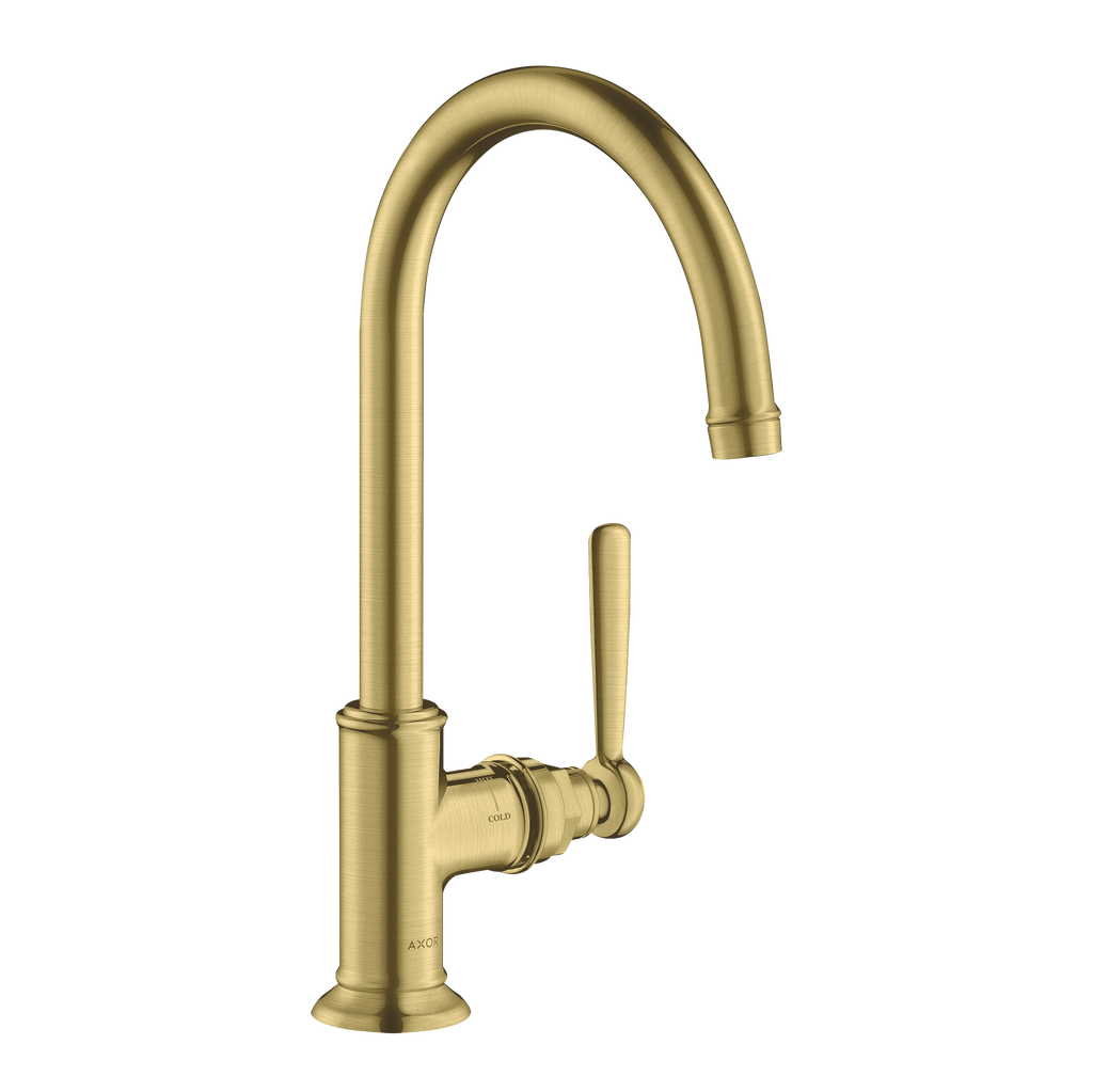 AXOR Montreux Single Lever Handle Basin Mixer Faucet 210 with Swivel Spout and Open Waste Set from Brandt in Brushed Brass finish
