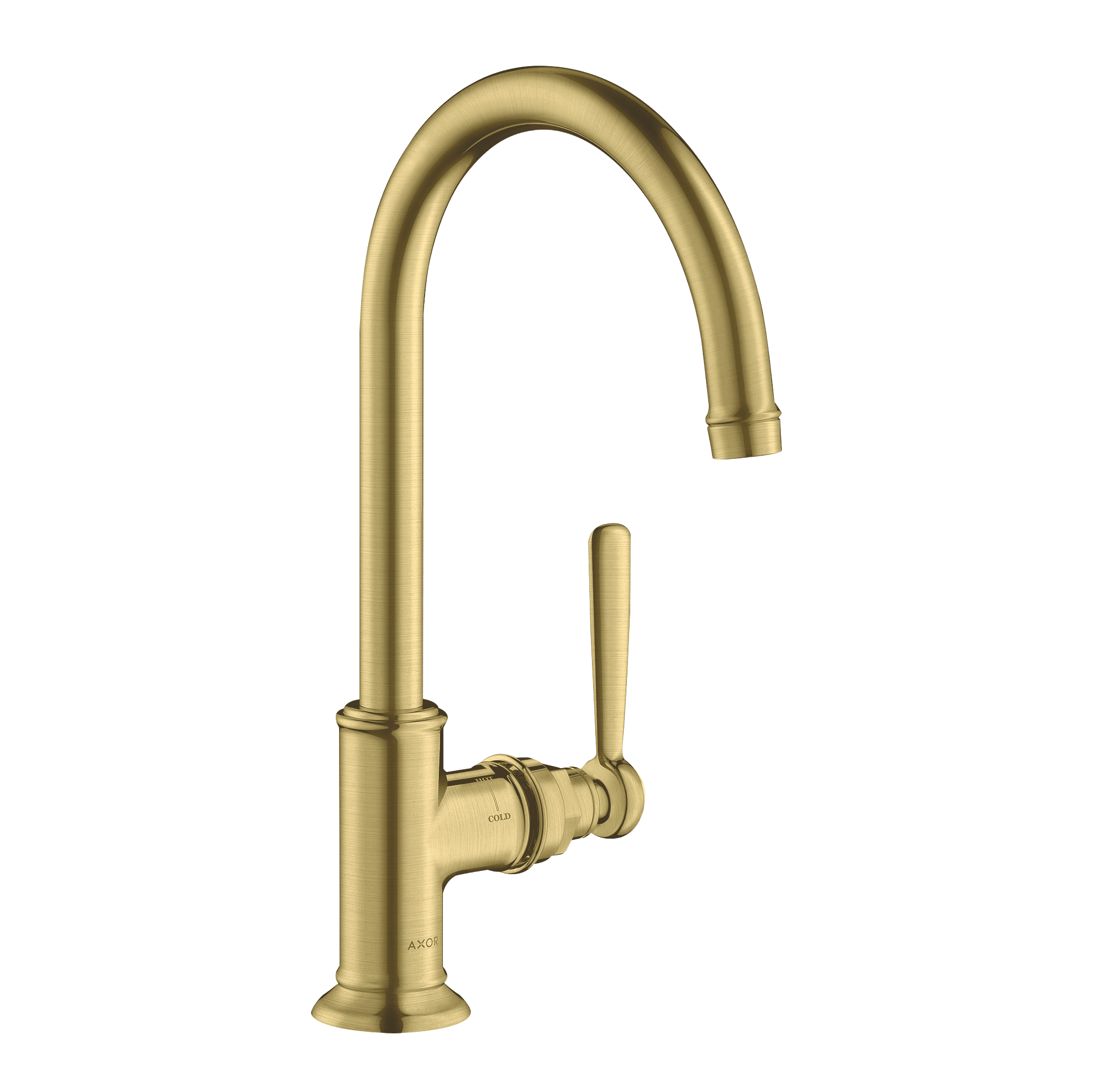 AXOR Montreux Single Lever Handle Basin Mixer Faucet 210 with Swivel Spout and Open Waste Set from Brandt in Brushed Brass finish