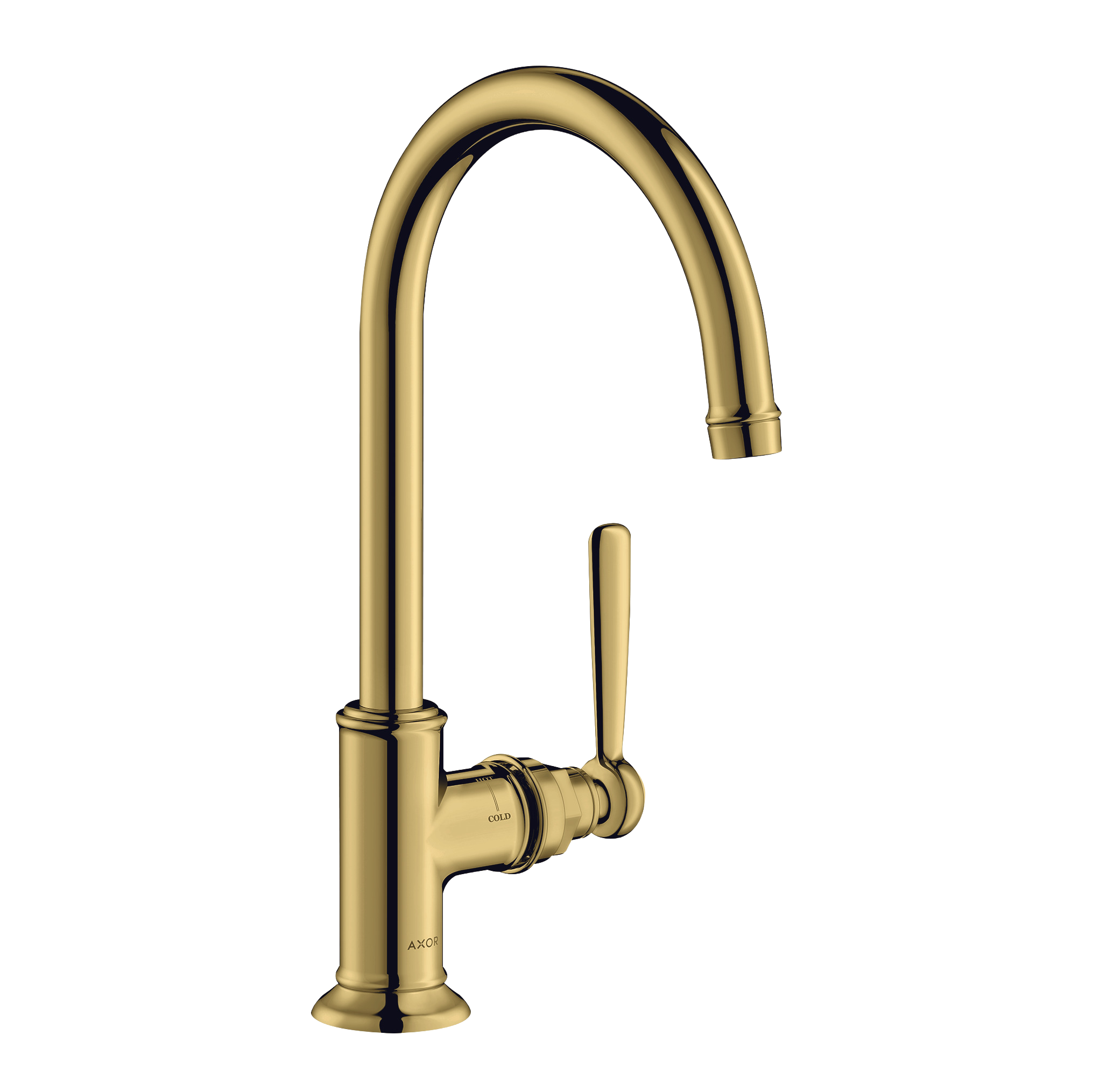 AXOR Montreux Single Lever Handle Basin Mixer Faucet 210 with Swivel Spout and Open Waste Set from Brandt in Polished Gold Optic finish