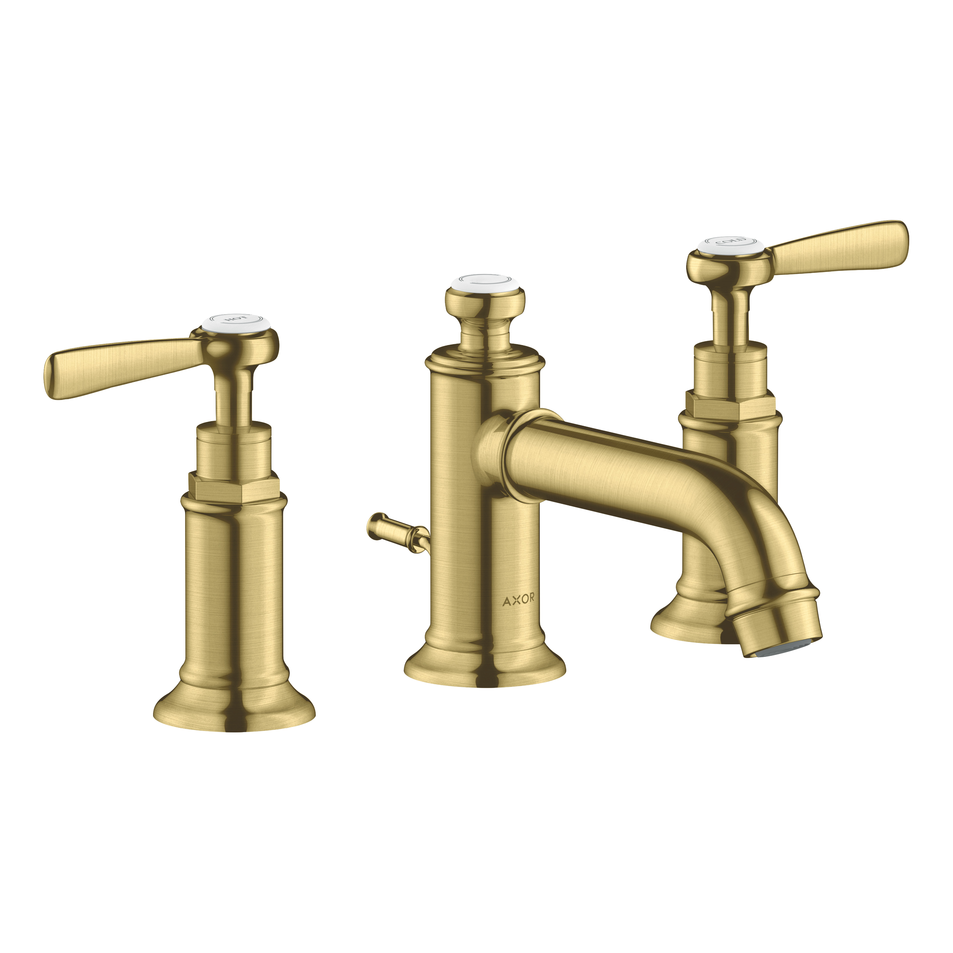 AXOR Montreux 3-Hole Basin Mixer Faucet 30 with Lever Handles and Pop-Up Waste Set from Brandt in Brushed Brass finish