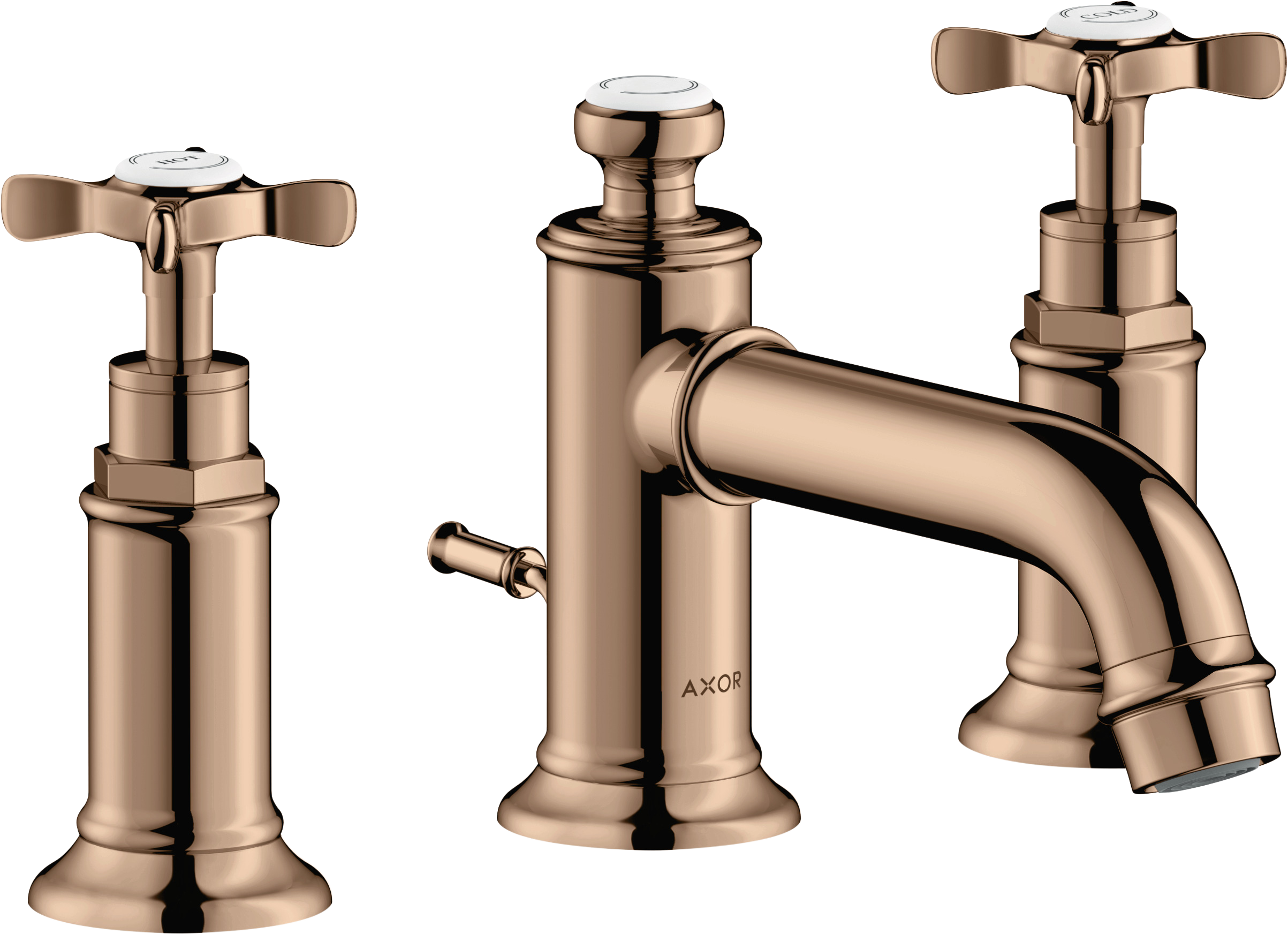 AXOR Montreux 3-Hole Basin Mixer Faucet 30 with Cross Handles and Pop-Up Waste Set from Brandt in Polished Red Gold finish