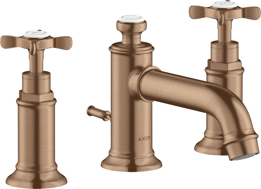 AXOR Montreux 3-Hole Basin Mixer Faucet 30 with Cross Handles and Pop-Up Waste Set from Brandt in Brushed Red Gold finish