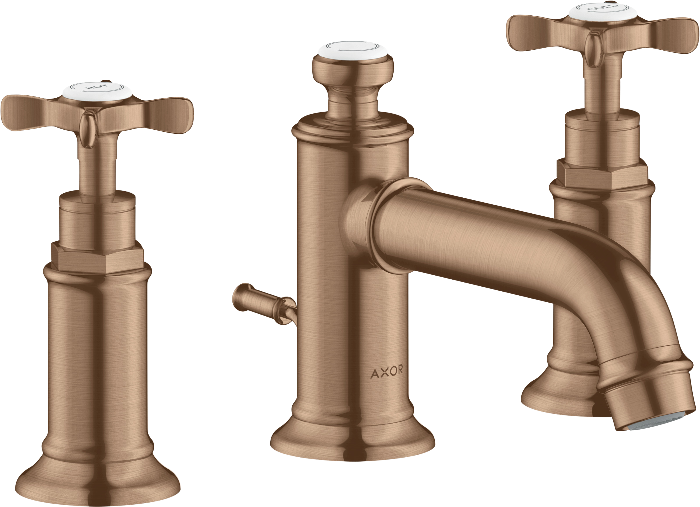AXOR Montreux 3-Hole Basin Mixer Faucet 30 with Cross Handles and Pop-Up Waste Set from Brandt in Brushed Red Gold finish