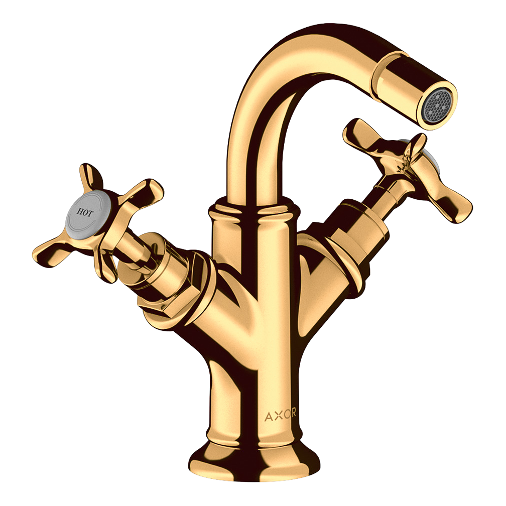 AXOR Montreux 2-Handle Bidet Mixer Faucet with Cross Handles and Pop-Up Waste Set from Brandt in Polished Gold Optic finish