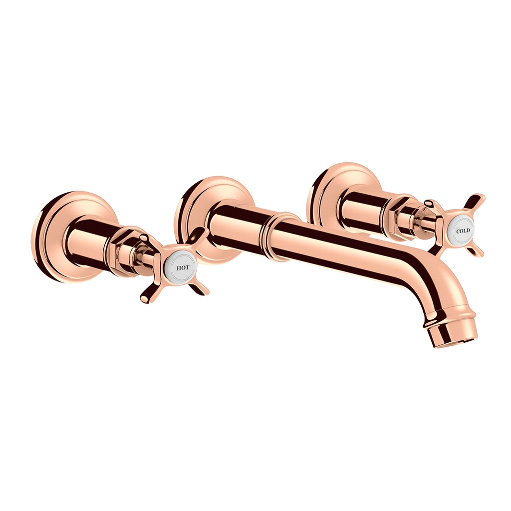 AXOR Montreux 3-Hole Concealed Basin Mixer Faucet with 165–225 mm Spout and Cross Handles from Brandt in Polished Red Gold finish