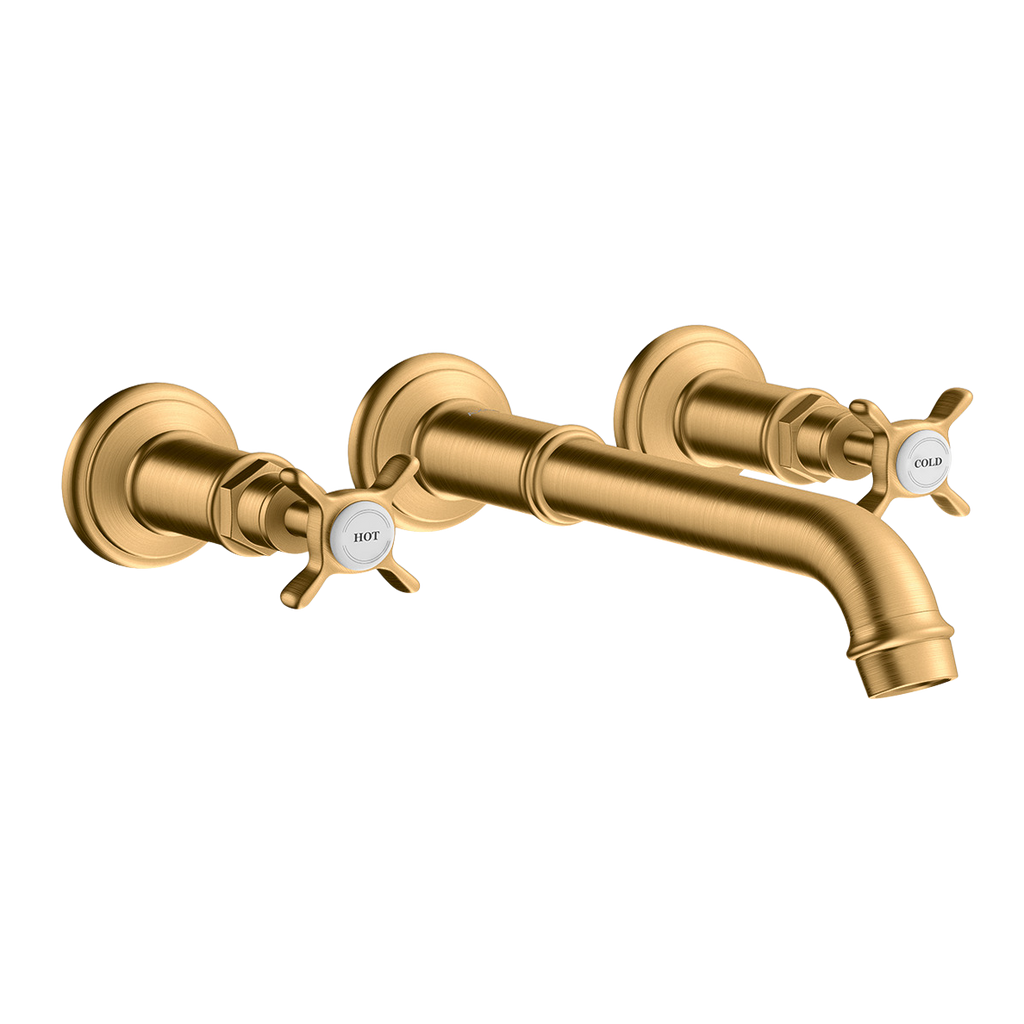AXOR Montreux 3-Hole Concealed Basin Mixer Faucet with 165–225 mm Spout and Cross Handles from Brandt in Brushed Brass finish