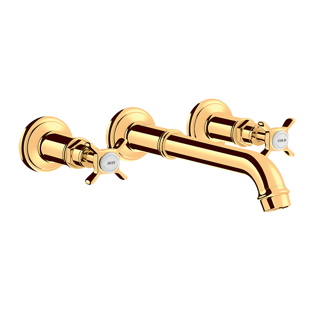 AXOR Montreux 3-Hole Concealed Basin Mixer Faucet with 165–225 mm Spout and Cross Handles from Brandt in Polished Gold Optic finish