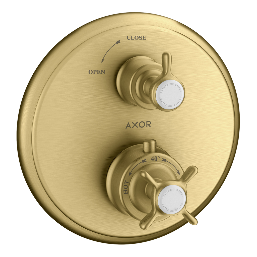 AXOR Montreux Concealed Shower Thermostat with Cross Handle and Shut-Off Valve from Brandt in Brushed Gold Optic finish