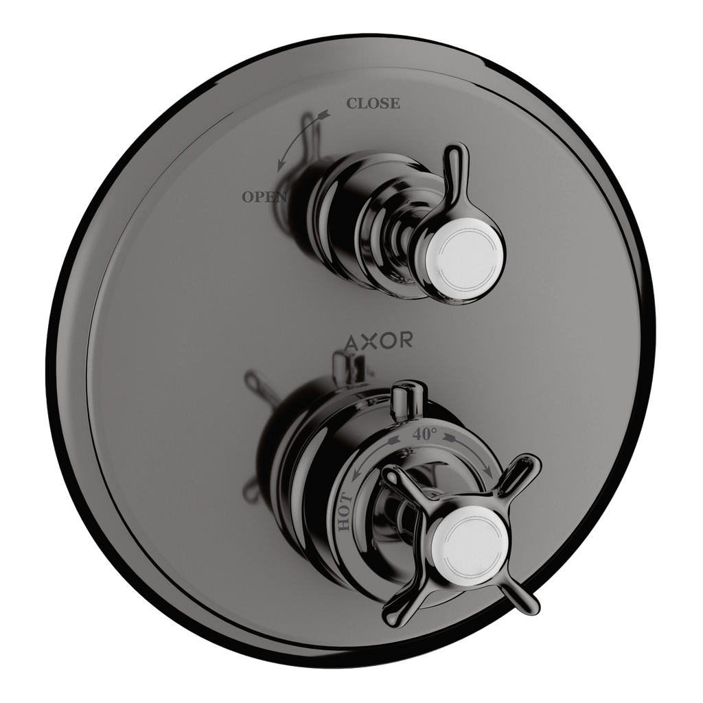 AXOR Montreux Concealed Shower Thermostat with Cross Handle and Shut-Off Valve from Brandt in Polished Black Chrome finish