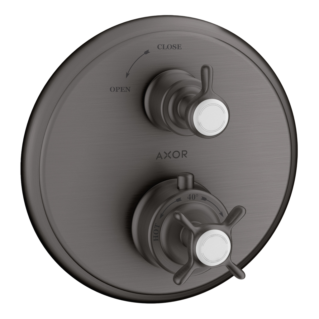 AXOR Montreux Concealed Shower Thermostat with Cross Handle and Shut-Off Valve from Brandt in Brushed Black Chrome finish