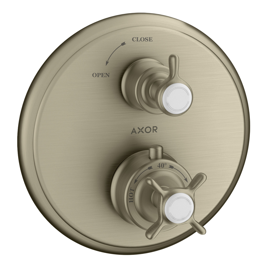 AXOR Montreux Concealed Shower Thermostat with Cross Handle and Shut-Off Valve from Brandt in Brushed Nickel finish