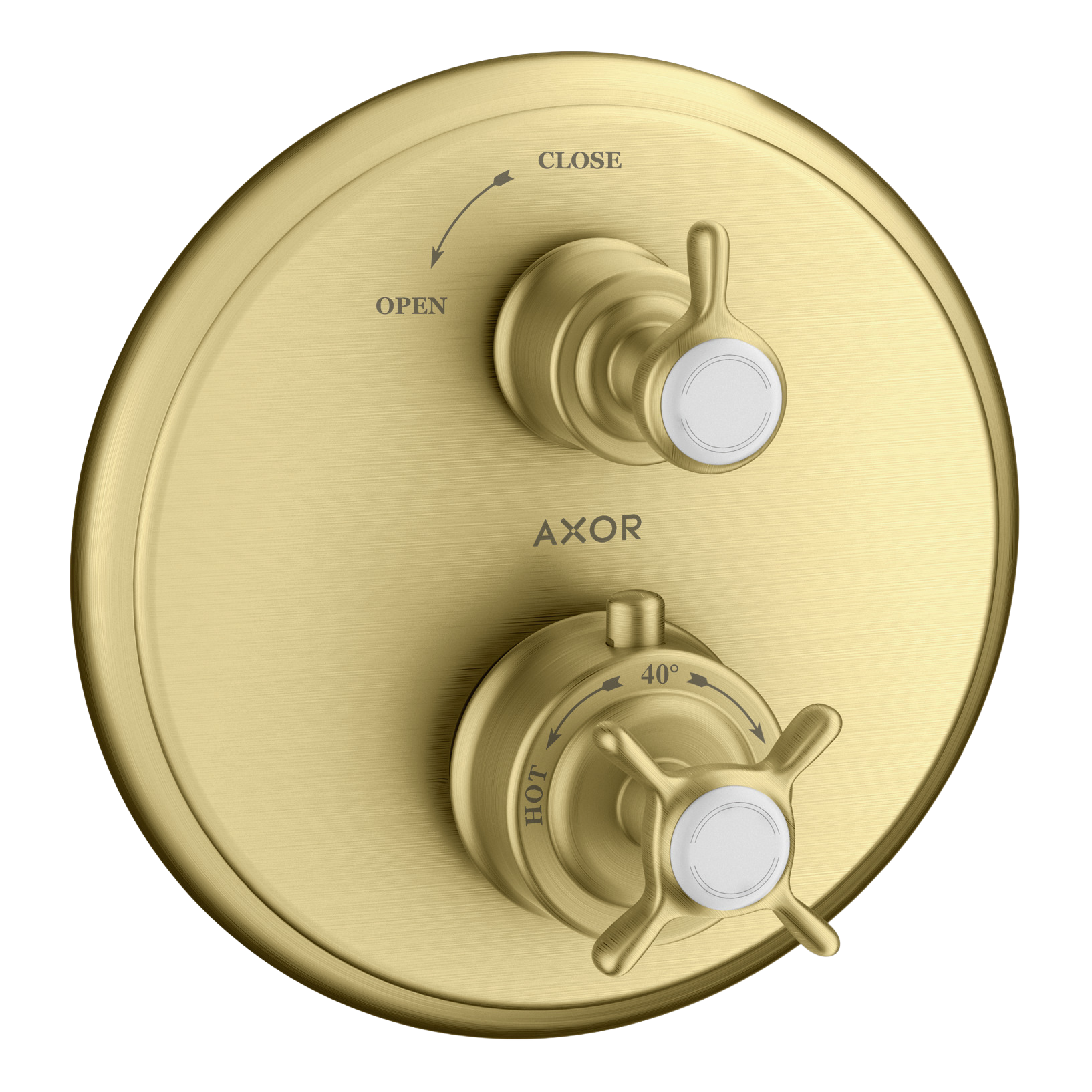 AXOR Montreux Concealed Shower Thermostat with Cross Handle and Shut-Off Valve from Brandt in Brushed Brass finish