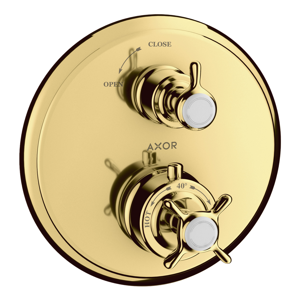 AXOR Montreux Concealed Shower Thermostat with Cross Handle and Shut-Off Valve from Brandt in Polished Gold Optic finish