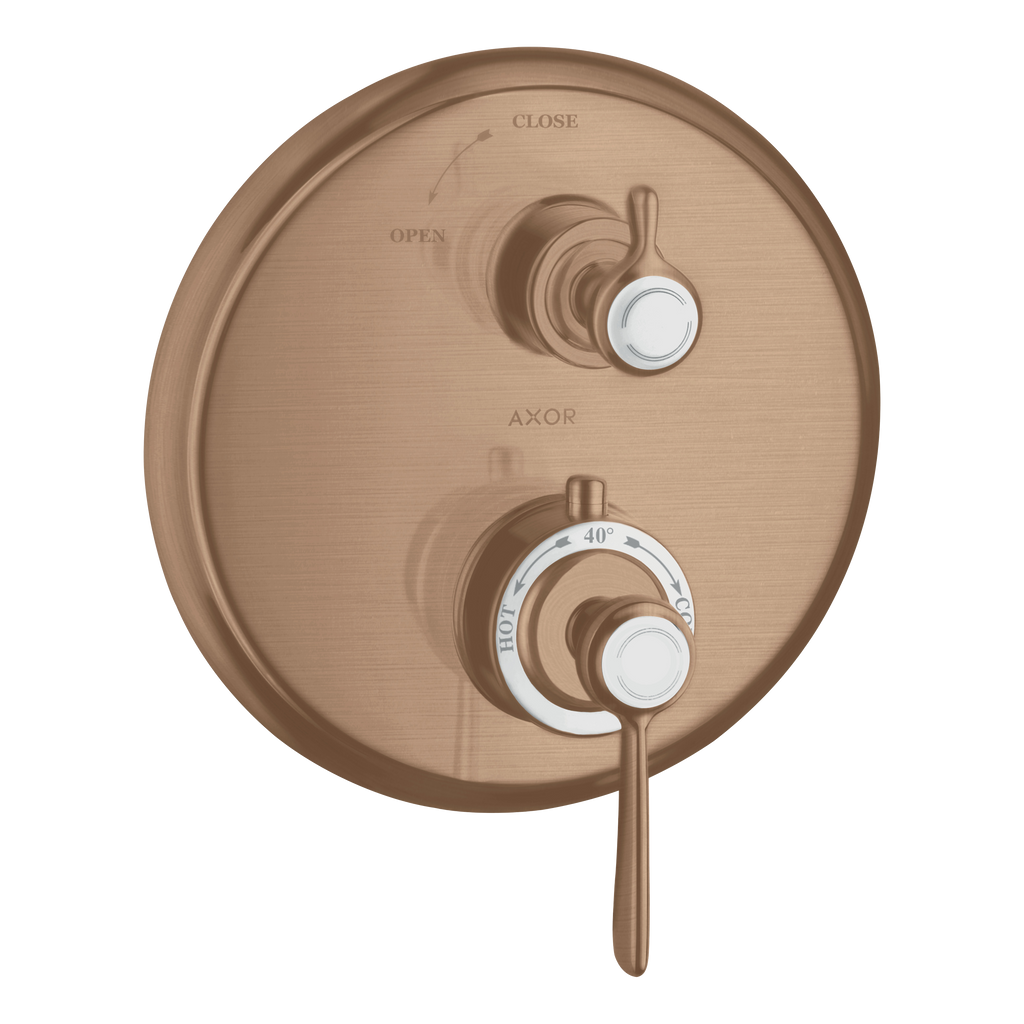 AXOR Montreux Concealed Shower Thermostat with Lever Handle and Shut-Off Valve from Brandt in Brushed Red Gold finish