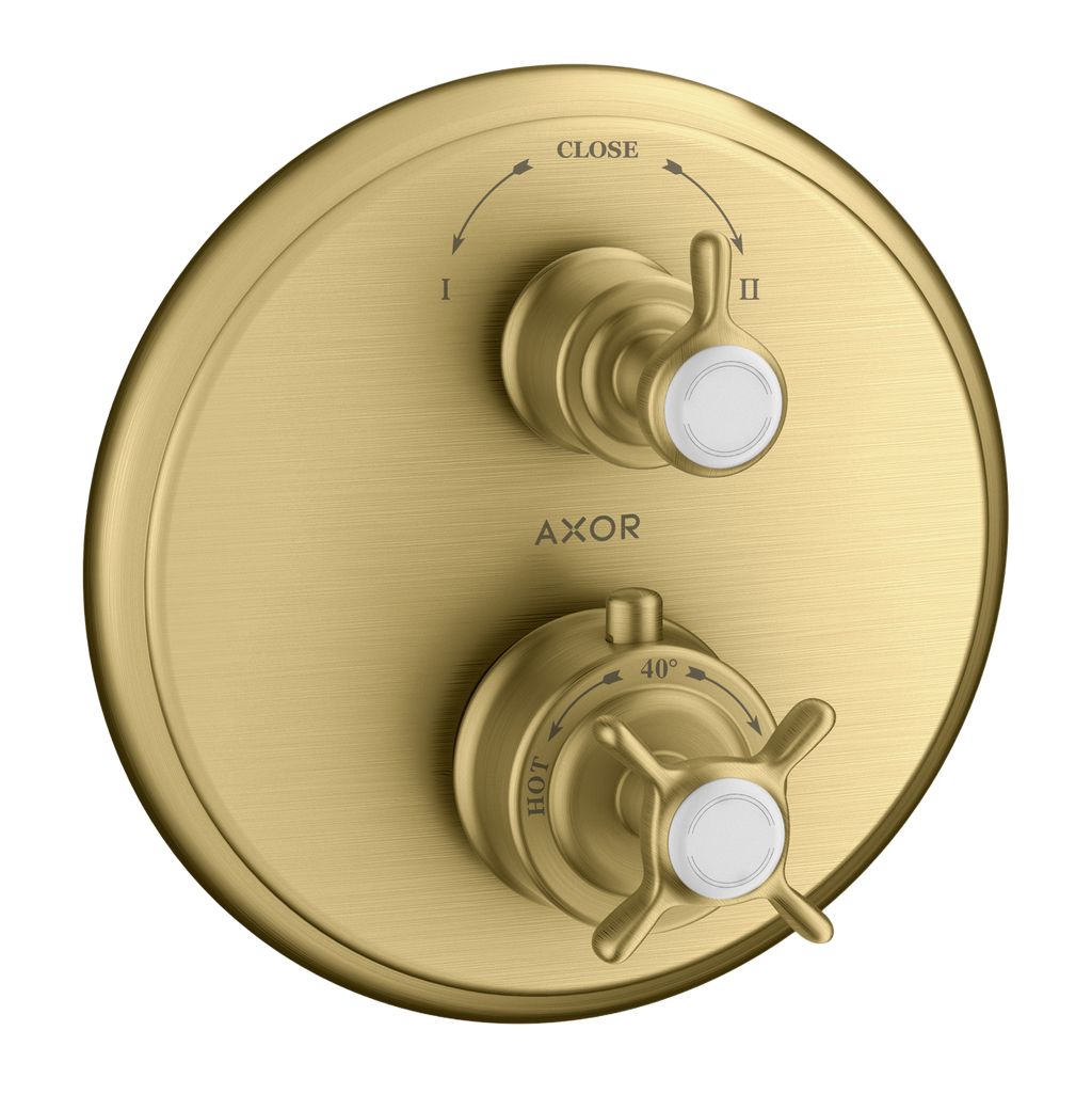 AXOR Montreux Concealed Shower Thermostat with Cross Handle and Shut-Off Diverter Valve from Brandt in Brushed Gold Optic finish