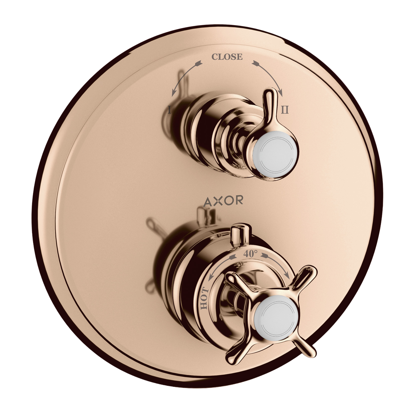 AXOR Montreux Concealed Shower Thermostat with Cross Handle and Shut-Off Diverter Valve from Brandt in Polished Red Gold finish