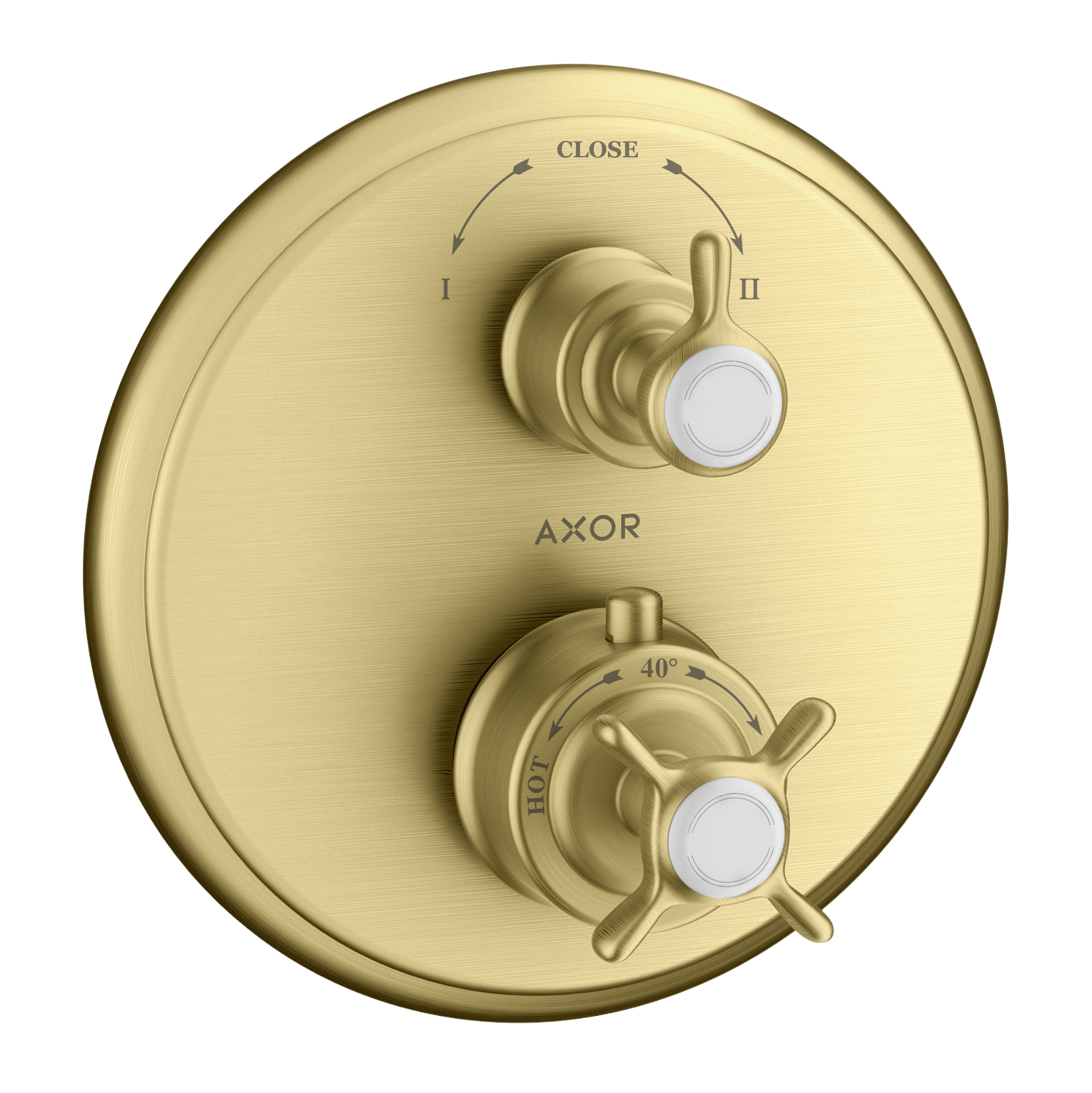 AXOR Montreux Concealed Shower Thermostat with Cross Handle and Shut-Off Diverter Valve from Brandt in Brushed Brass finish