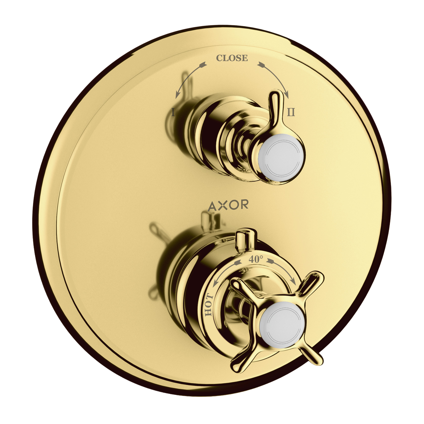 AXOR Montreux Concealed Shower Thermostat with Cross Handle and Shut-Off Diverter Valve from Brandt in Polished Gold Optic finish