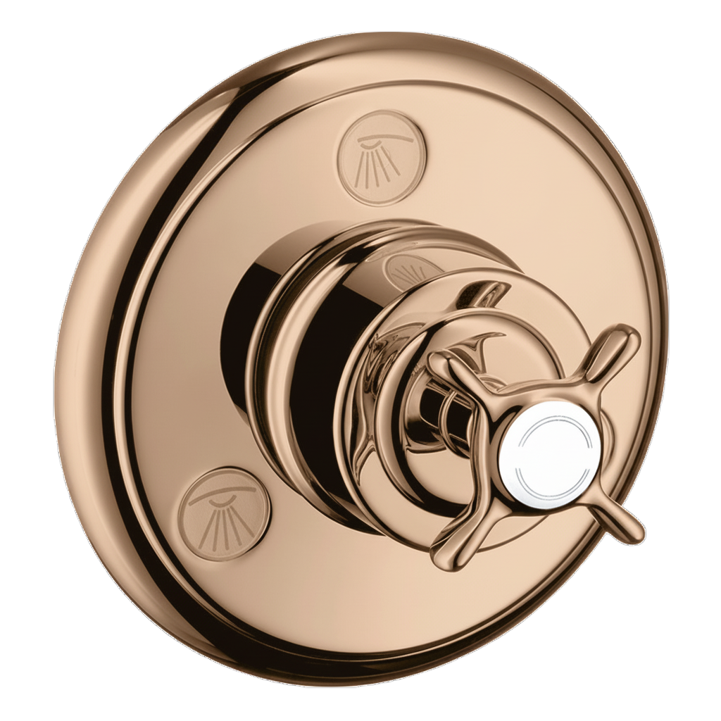 AXOR Montreux Trio Quattro Concealed Shut-Off Diverter Valve with Cross Handle from Brandt in Polished Red Gold finish