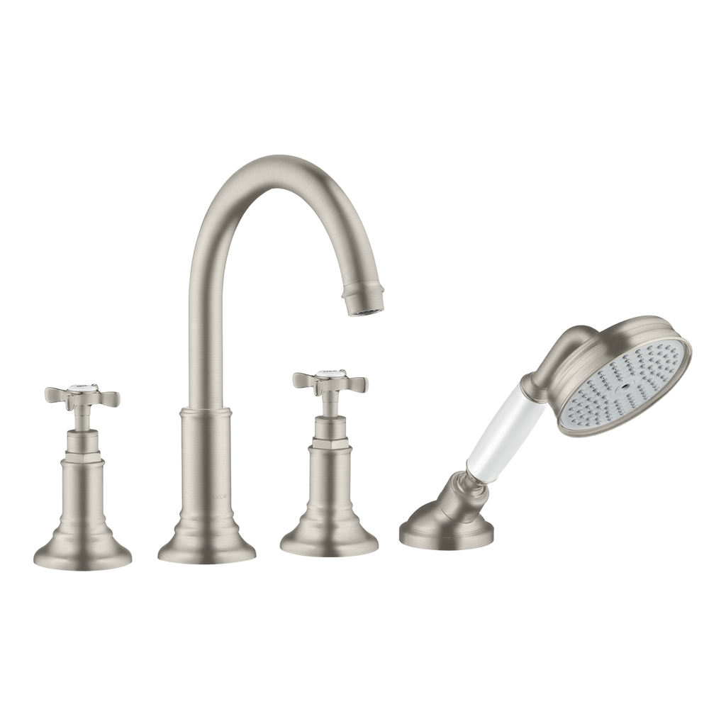 AXOR Montreux 4-Hole Tile-Mounted Bath & Shower Mixer Faucet with Cross Handles from Brandt in Stainless Steel Optic finish