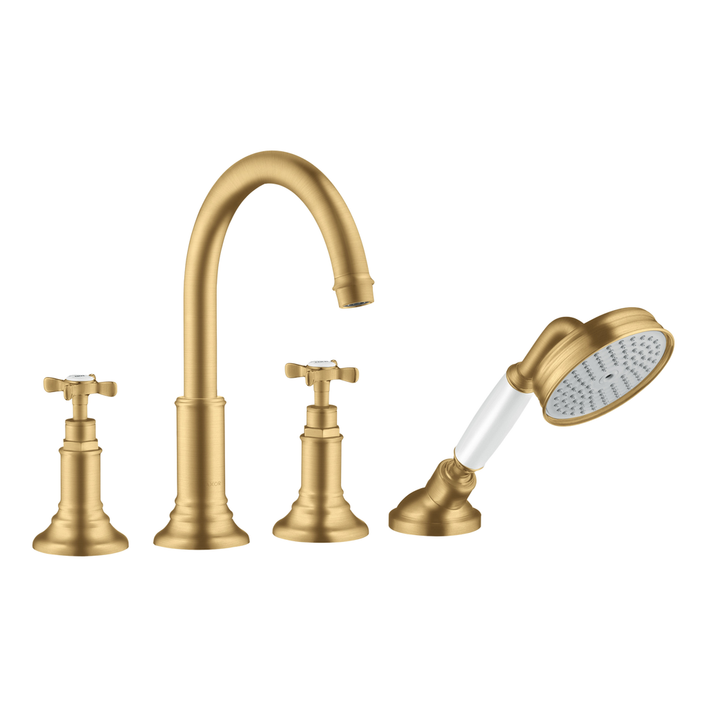 AXOR Montreux 4-Hole Rim-Mounted Bath & Shower Mixer Faucet with Cross Handles from Brandt in Brushed Gold Optic finish