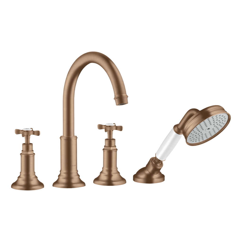AXOR Montreux 4-Hole Rim-Mounted Bath & Shower Mixer Faucet with Cross Handles from Brandt in Brushed Red Gold finish