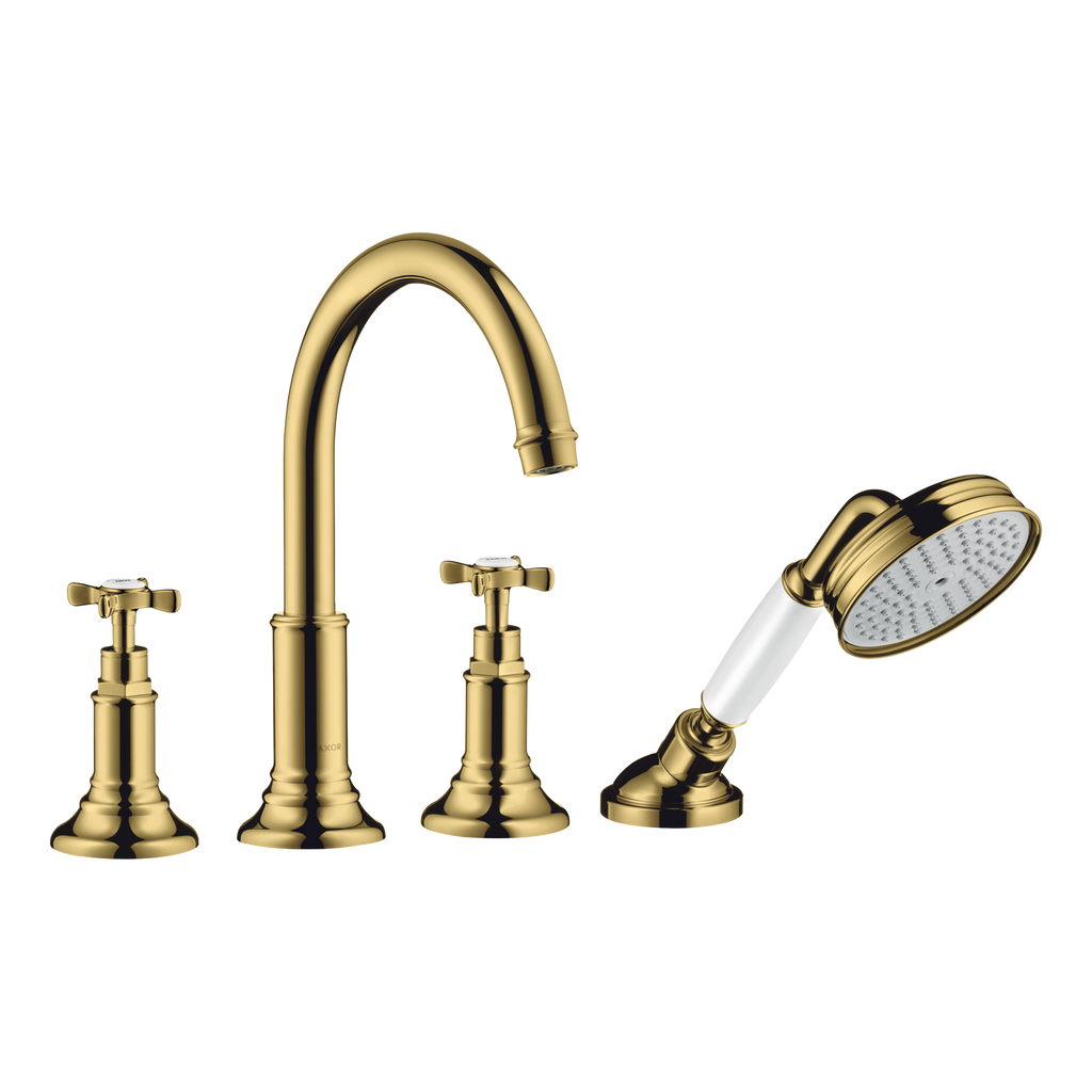 AXOR Montreux 4-Hole Rim-Mounted Bath & Shower Mixer Faucet with Cross Handles from Brandt in Polished Gold Optic finish