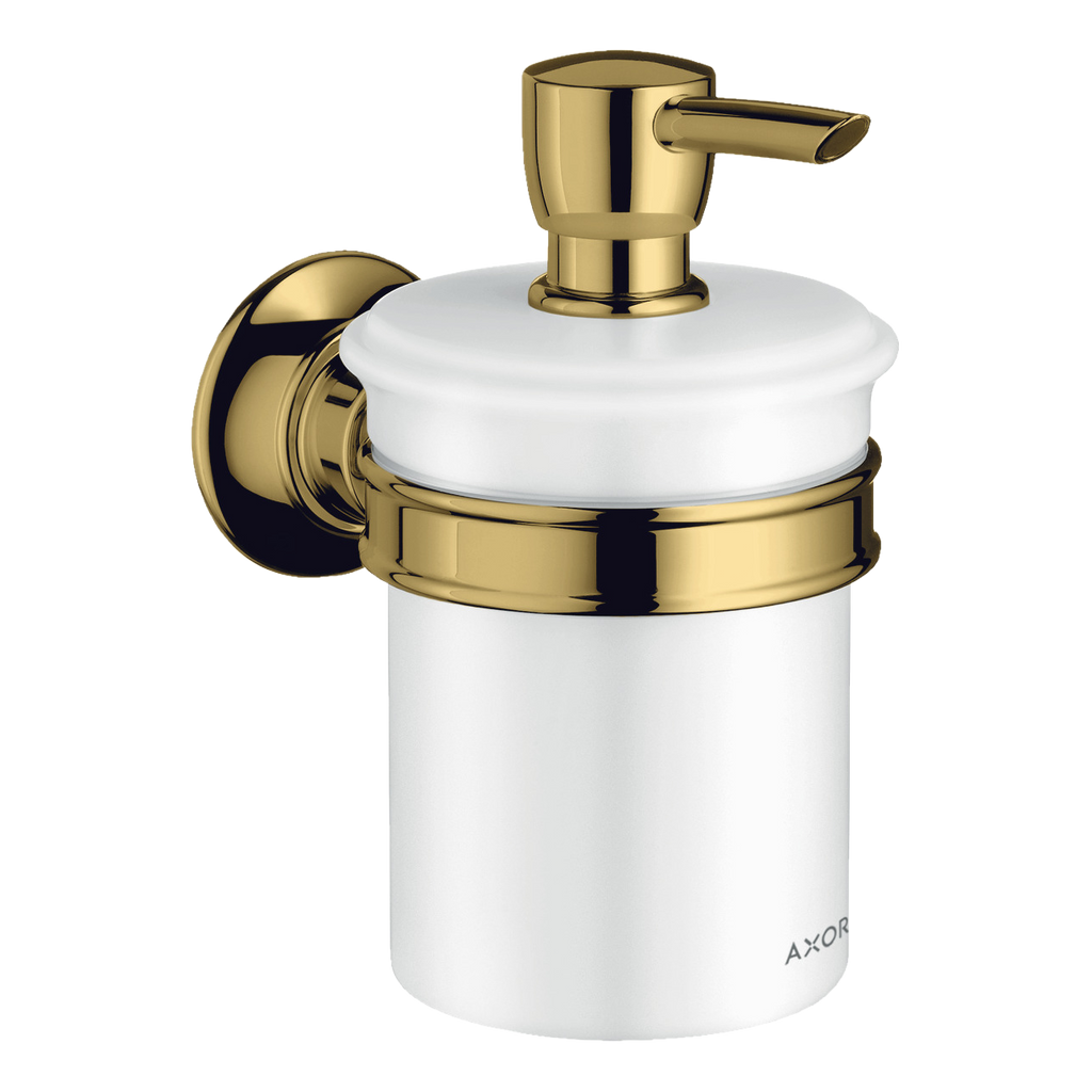 AXOR Montreux Wall-Mounted Liquid Soap Dispenser from Brandt in Polished Gold Optic finish