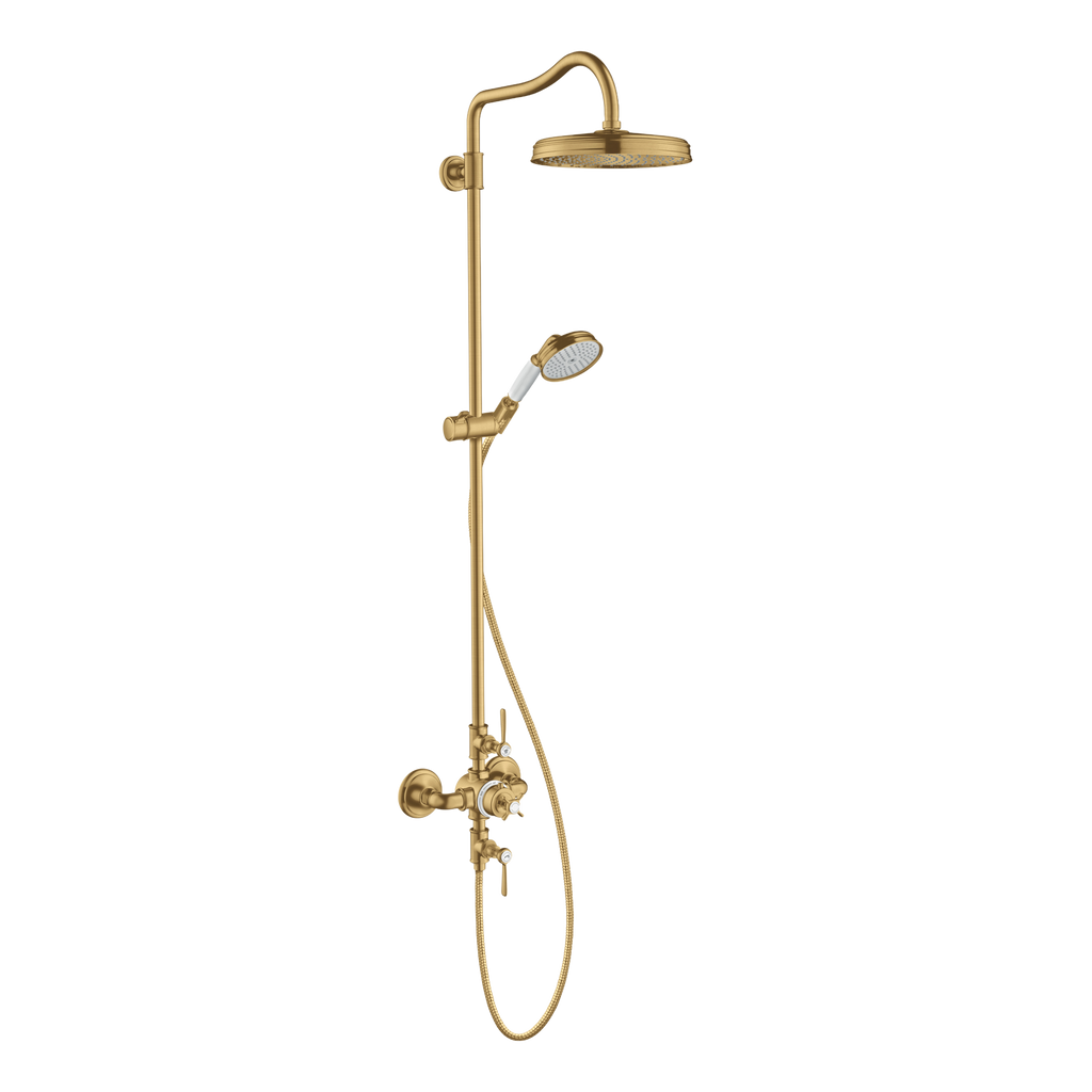AXOR Montreux Shower Column with Thermostat and Overhead Shower 240 1jet from Brandt in Brushed Gold Optic finish