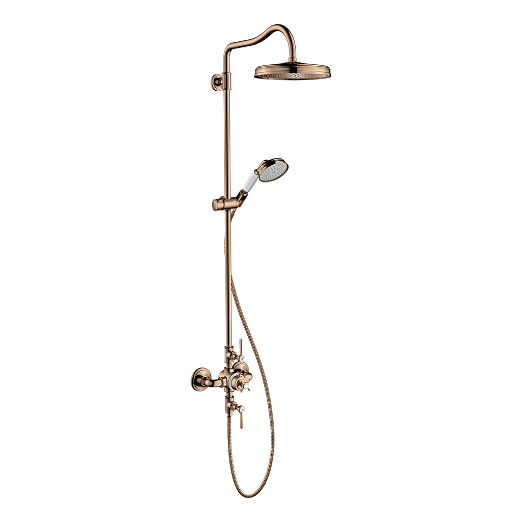 AXOR Montreux Shower Column with Thermostat and Overhead Shower 240 1jet from Brandt in Polished Red Gold finish