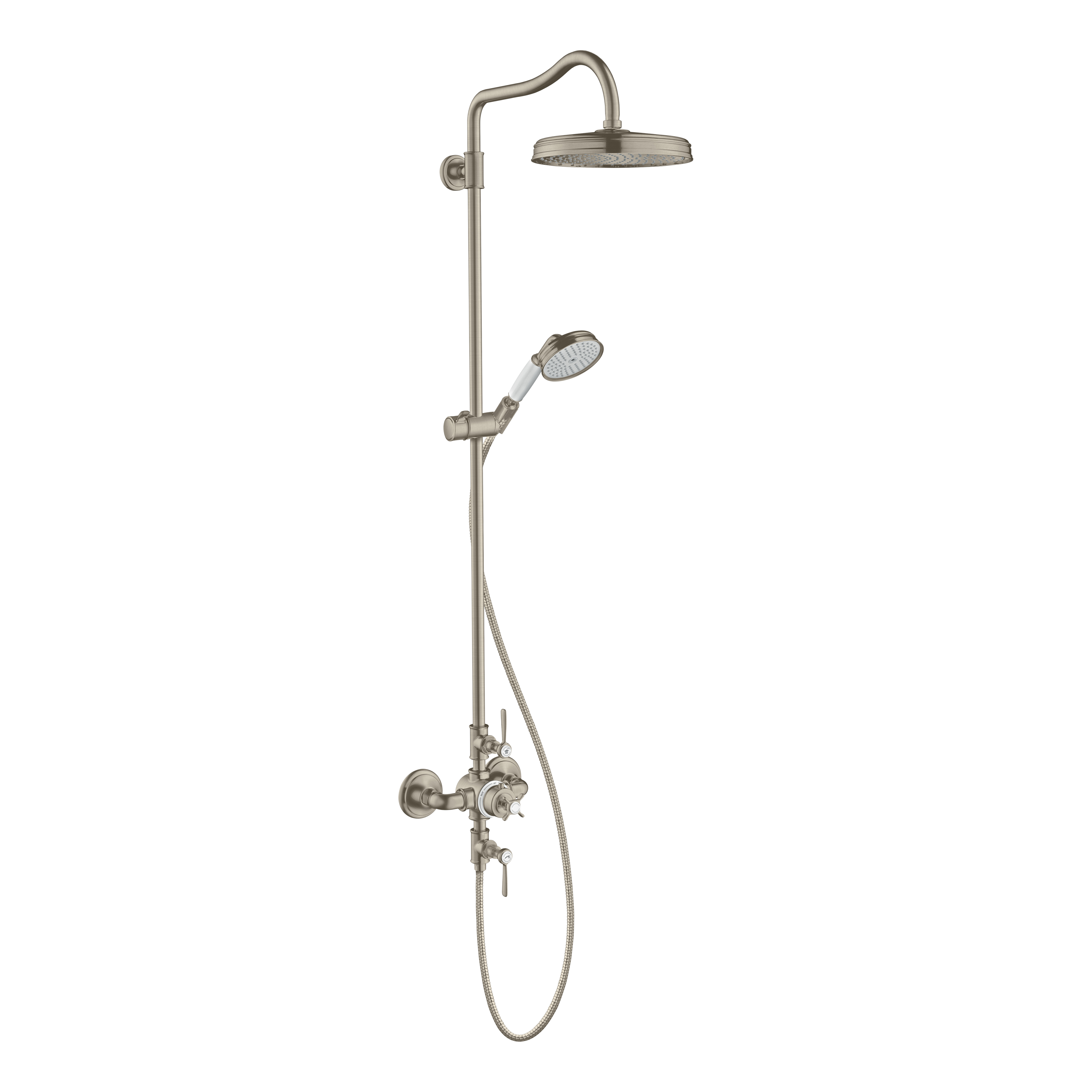 AXOR Montreux Shower Column with Thermostat and Overhead Shower 240 1jet from Brandt in Brushed Nickel finish