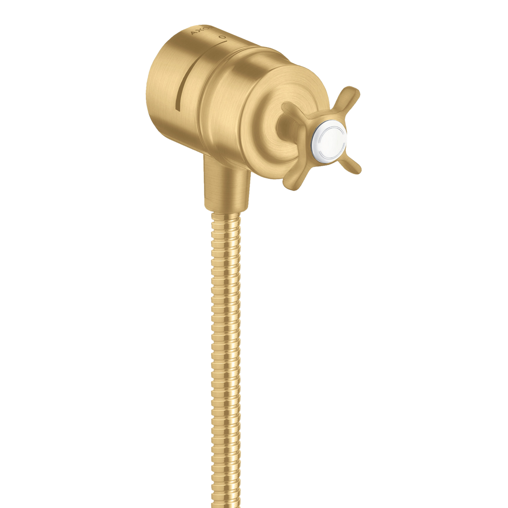 AXOR Montreux Wall Outlet Stop with Non-Return Valve, Shut-Off Valve and Cross Handle from Brandt in Brushed Gold Optic finish