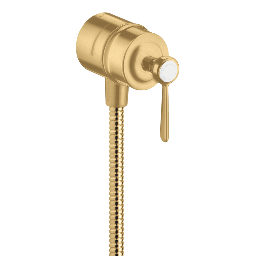 AXOR Montreux Wall Outlet Stop with Non-Return Valve, Shut-Off Valve and Lever Handles from Brandt in Brushed Gold Optic finish