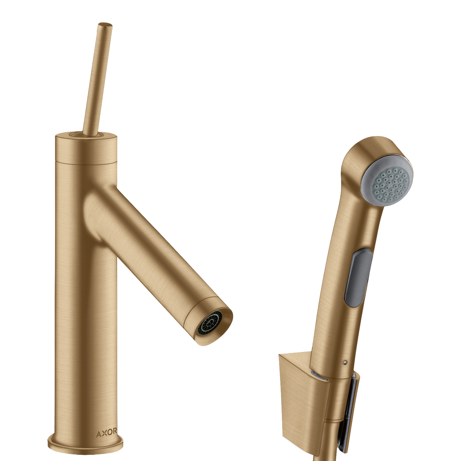AXOR Starck Single Pin Handle Basin Mixer Faucet 90 with Bidette Hand Shower from Brandt in Brushed Bronze finish