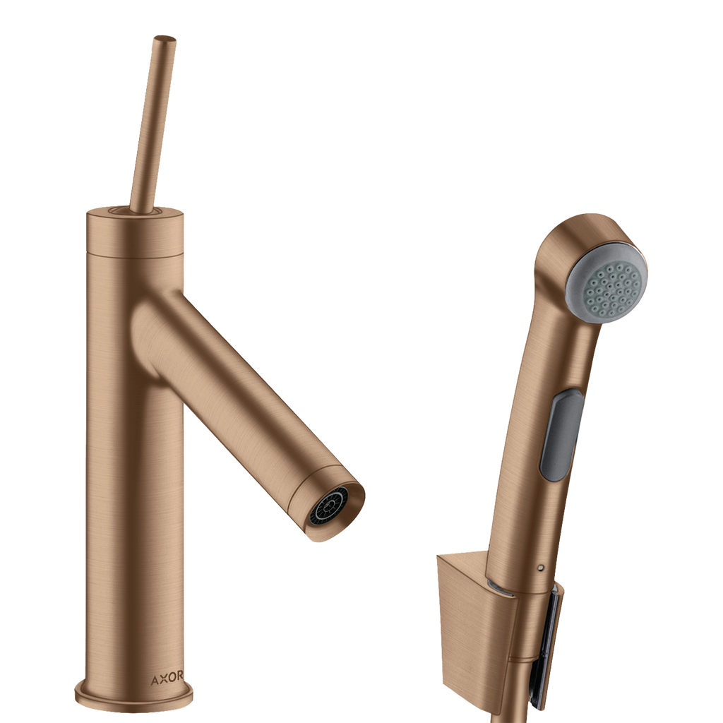AXOR Starck Single Pin Handle Basin Mixer Faucet 90 with Bidette Hand Shower from Brandt in Brushed Red Gold finish