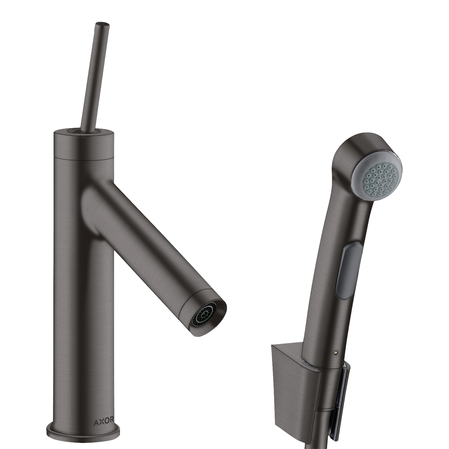 AXOR Starck Single Pin Handle Basin Mixer Faucet 90 with Bidette Hand Shower from Brandt in Brushed Black Chrome finish