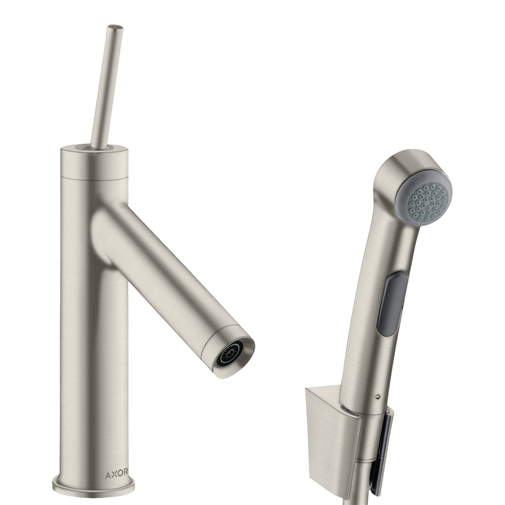 AXOR Starck Single Pin Handle Basin Mixer Faucet 90 with Bidette Hand Shower from Brandt in Stainless Steel Optic finish