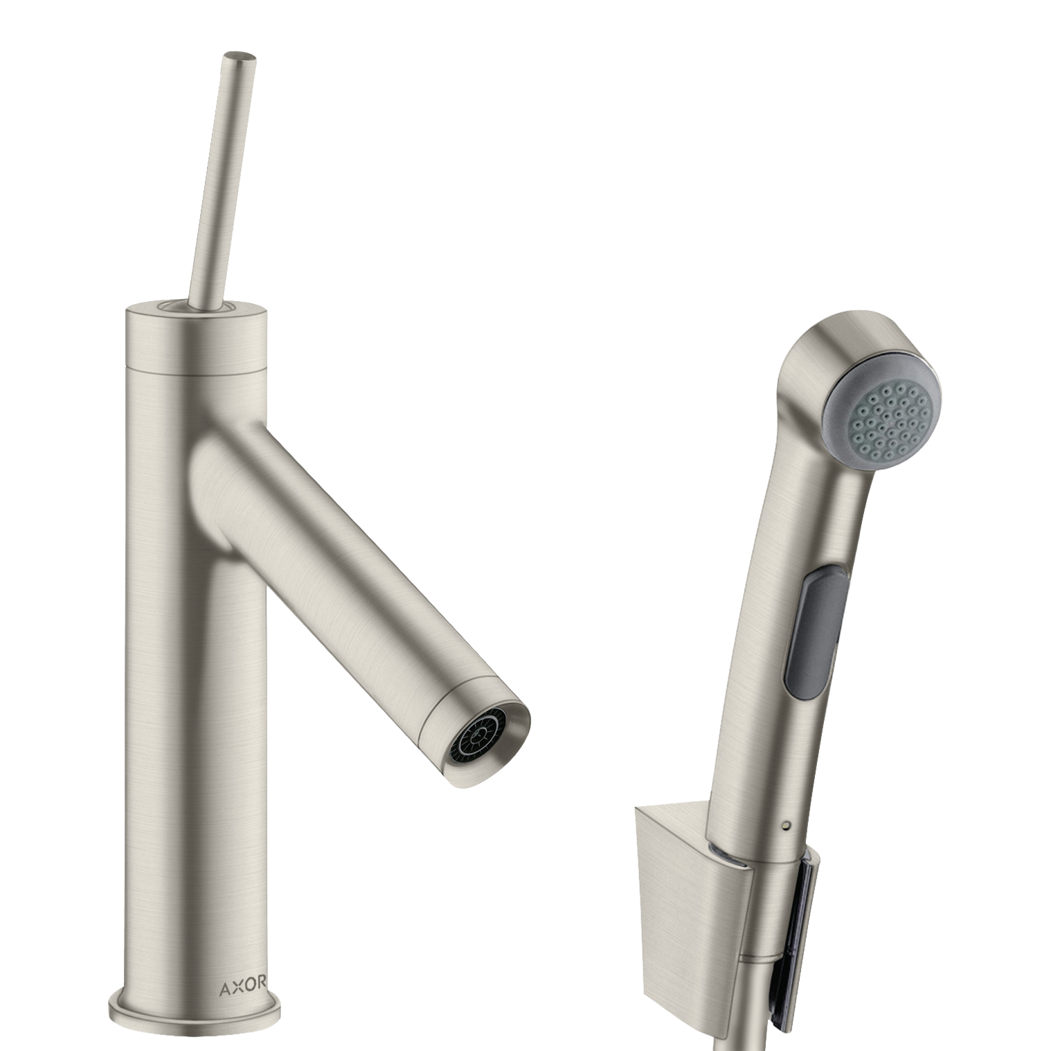 AXOR Starck Single Pin Handle Basin Mixer Faucet 90 with Bidette Hand Shower from Brandt in Stainless Steel Optic finish