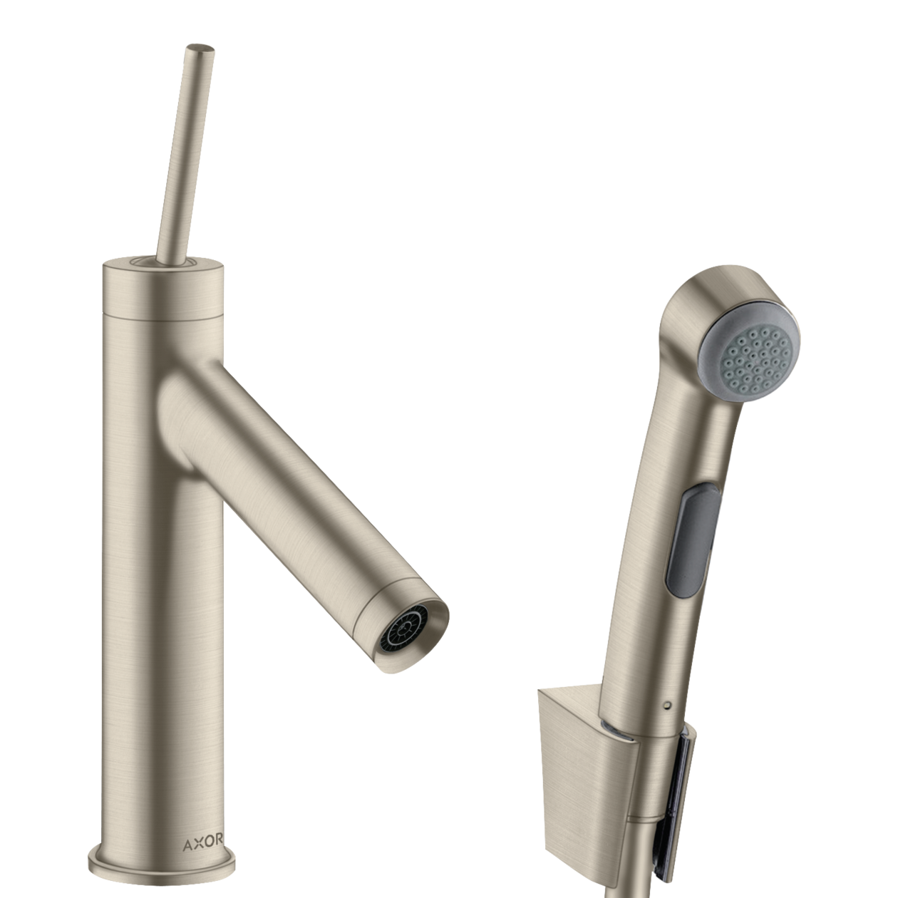 AXOR Starck Single Pin Handle Basin Mixer Faucet 90 with Bidette Hand Shower from Brandt in Brushed Nickel finish