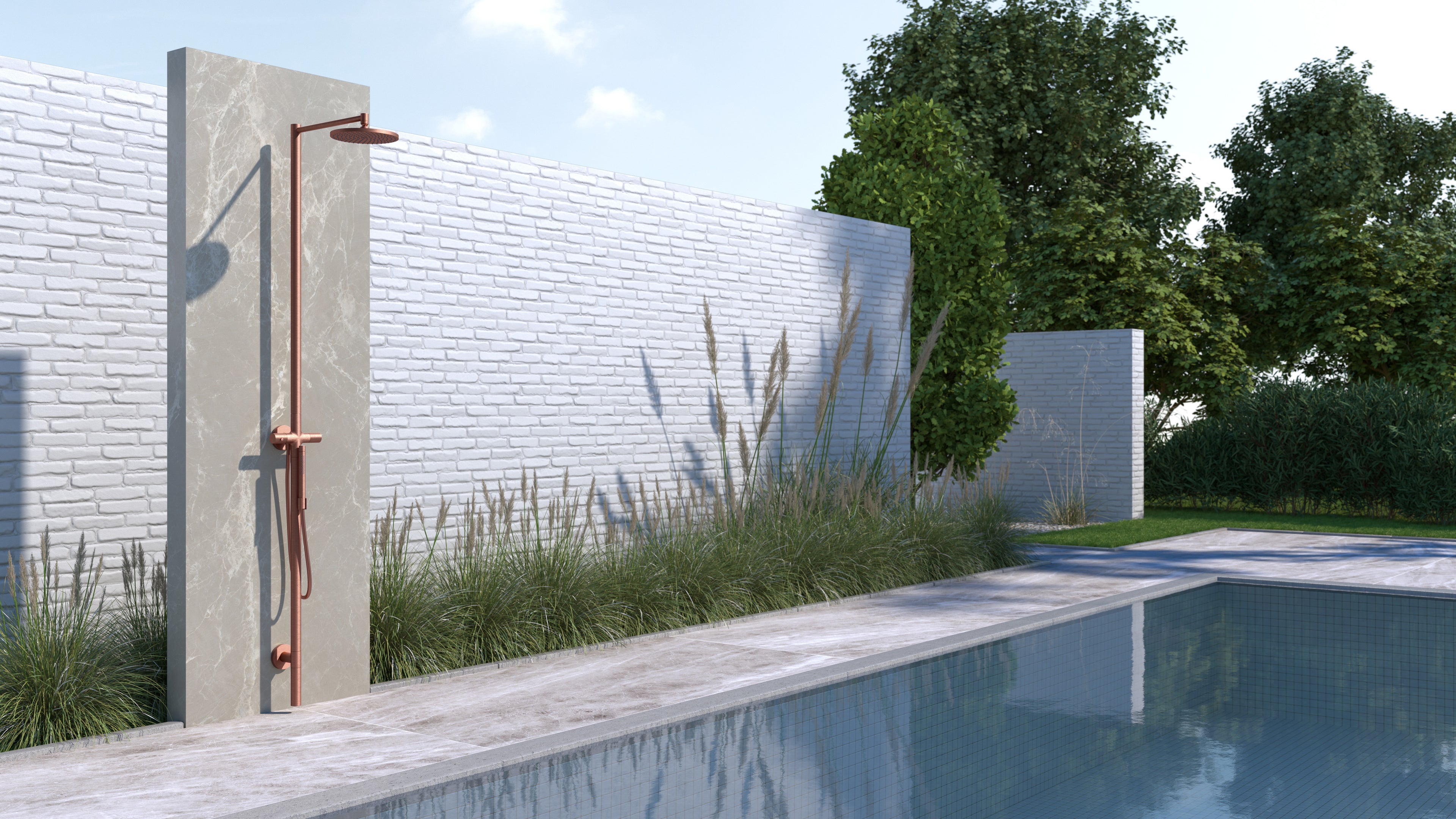 AXOR Starck Nature Outdoor Shower Column with Overhead Shower 240 1jet from Brandt in Brushed Red Gold finish